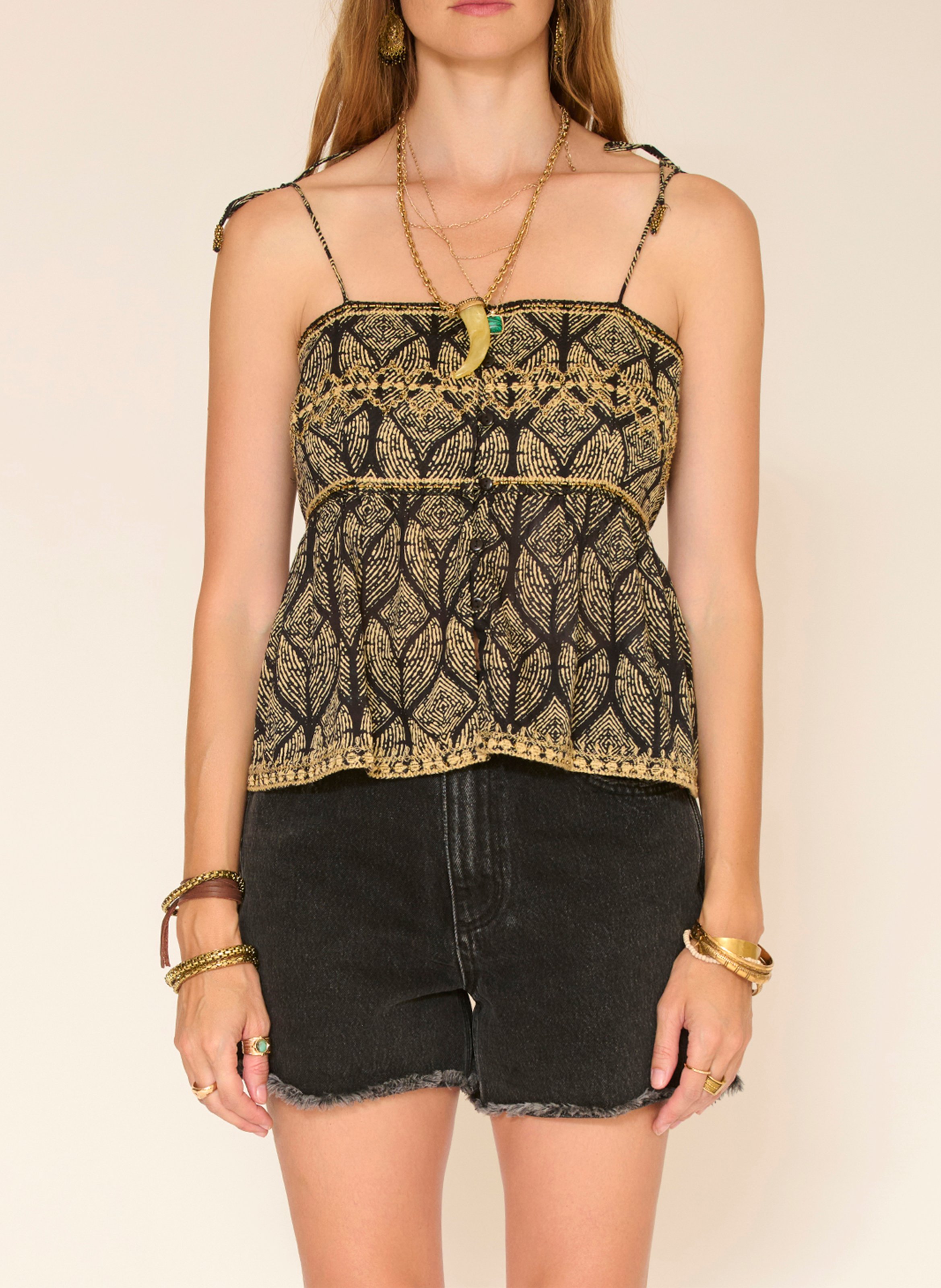 Bedrucktes Baumwoll-Top MKT Schwarz