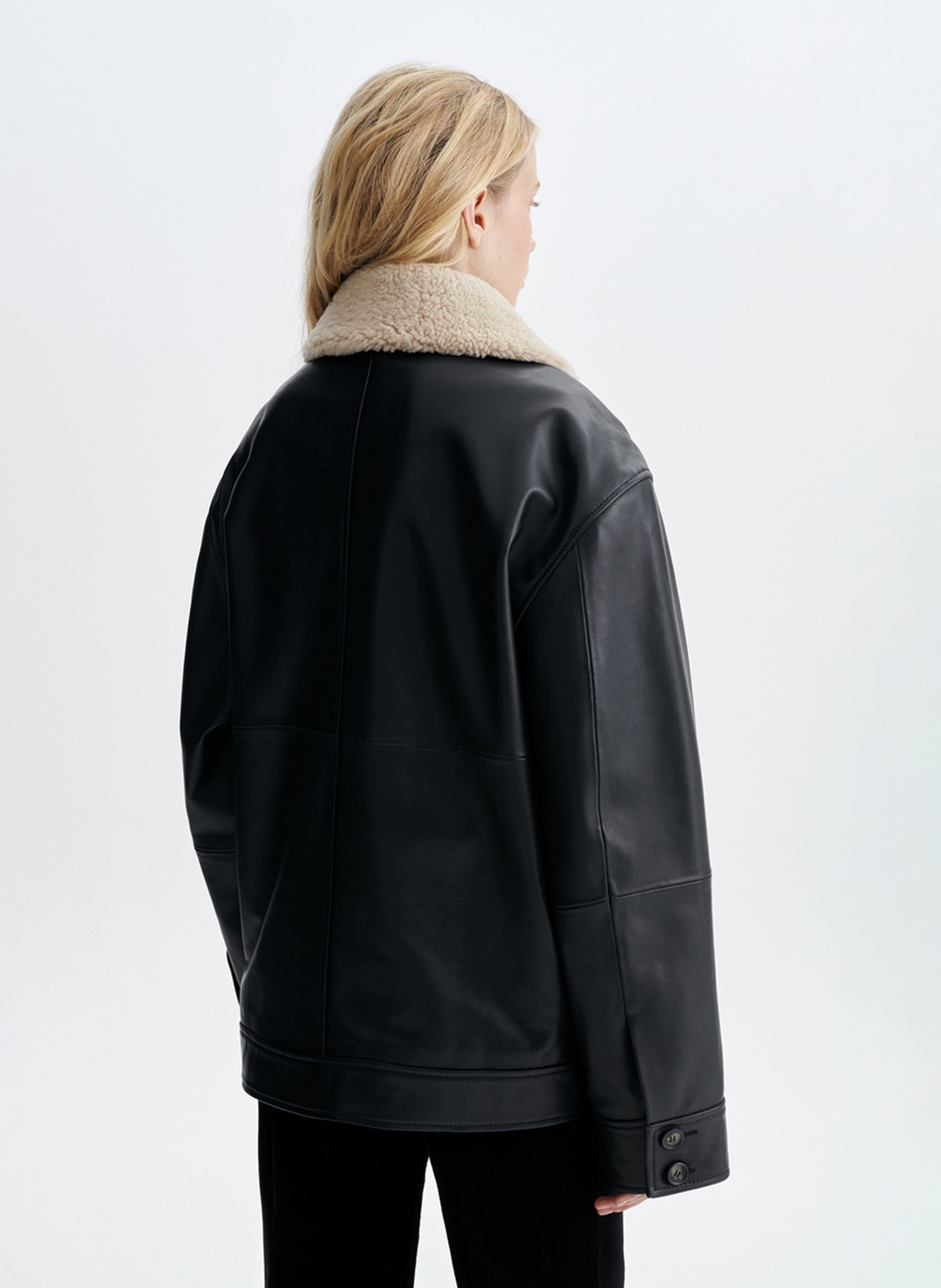 Veste droite col en fourrure en cuir VANESSA BRUNO Zwart