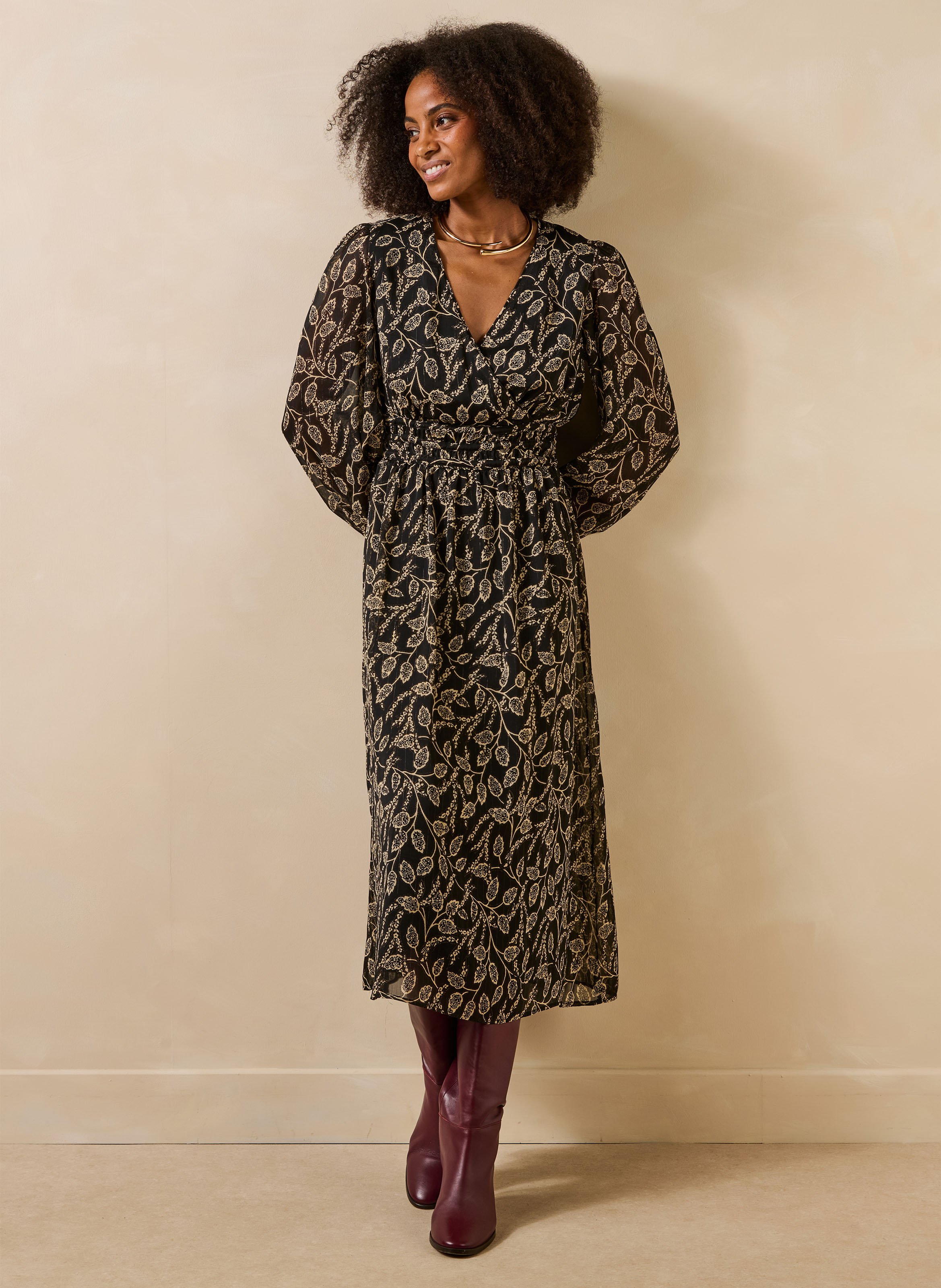 Long wrap-neck printed dress LA FEE MARABOUTEE Black