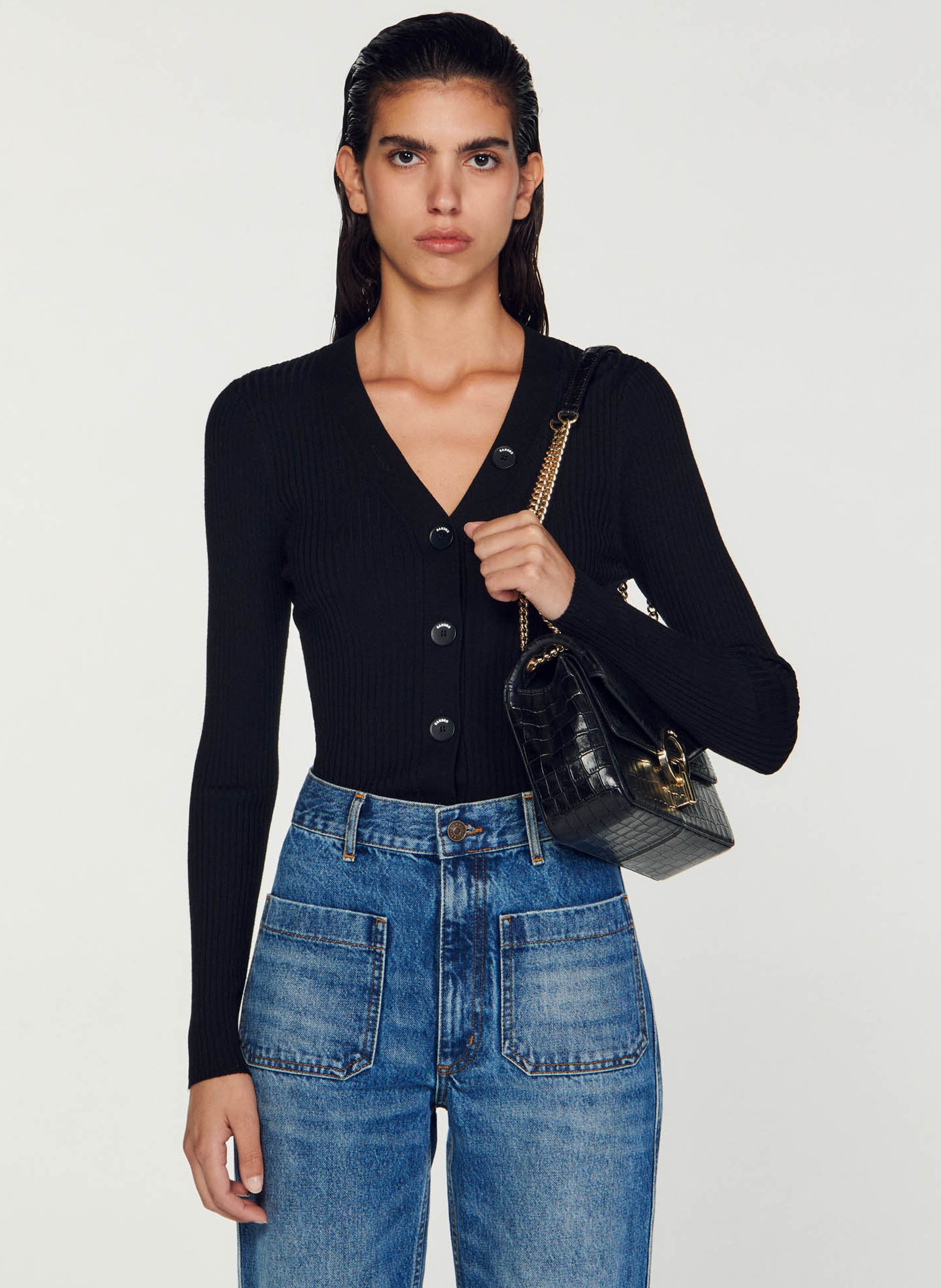 Haut Col V Boutonné En Coton Noir Majestic Paris - Taille 3 - Occasion Comme Neuf