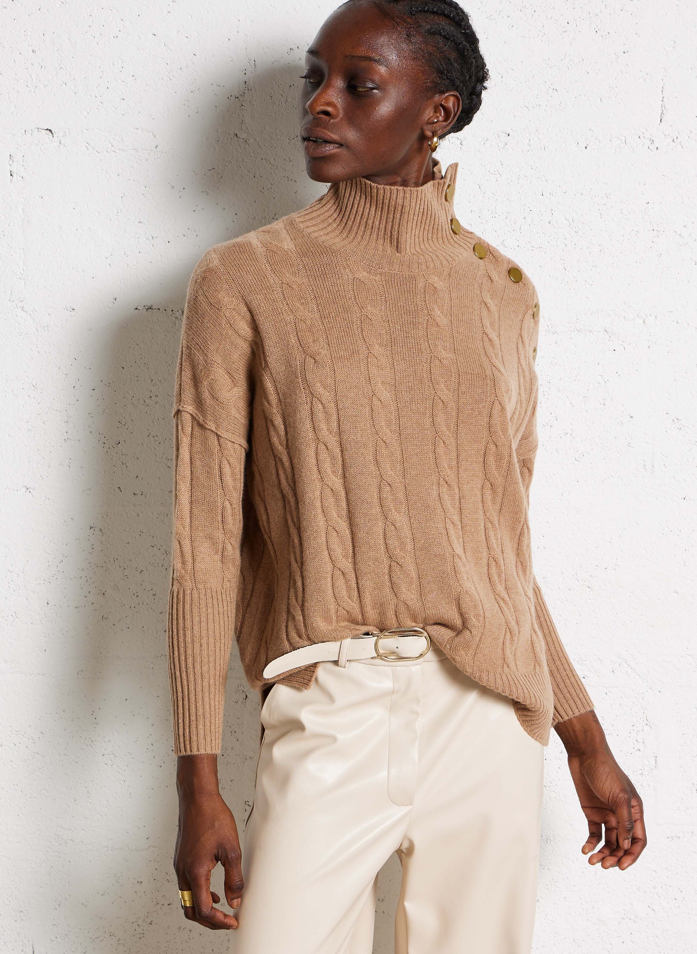 Pull ample col montant en cachemire KUJTEN Marron