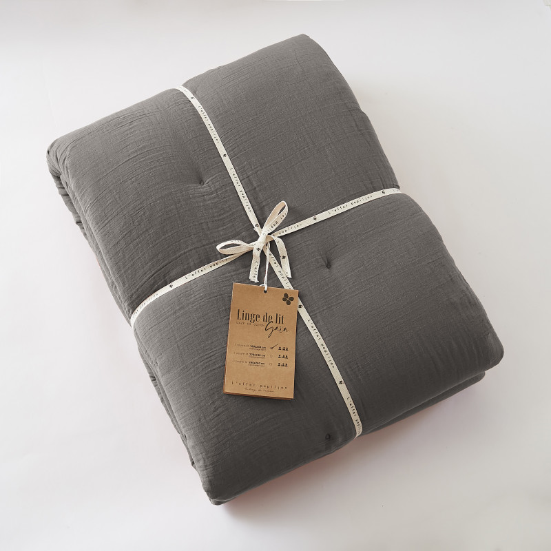 Cotton gauze bedspread or end-of-bed throw L'EFFET PAPILLON Grey
