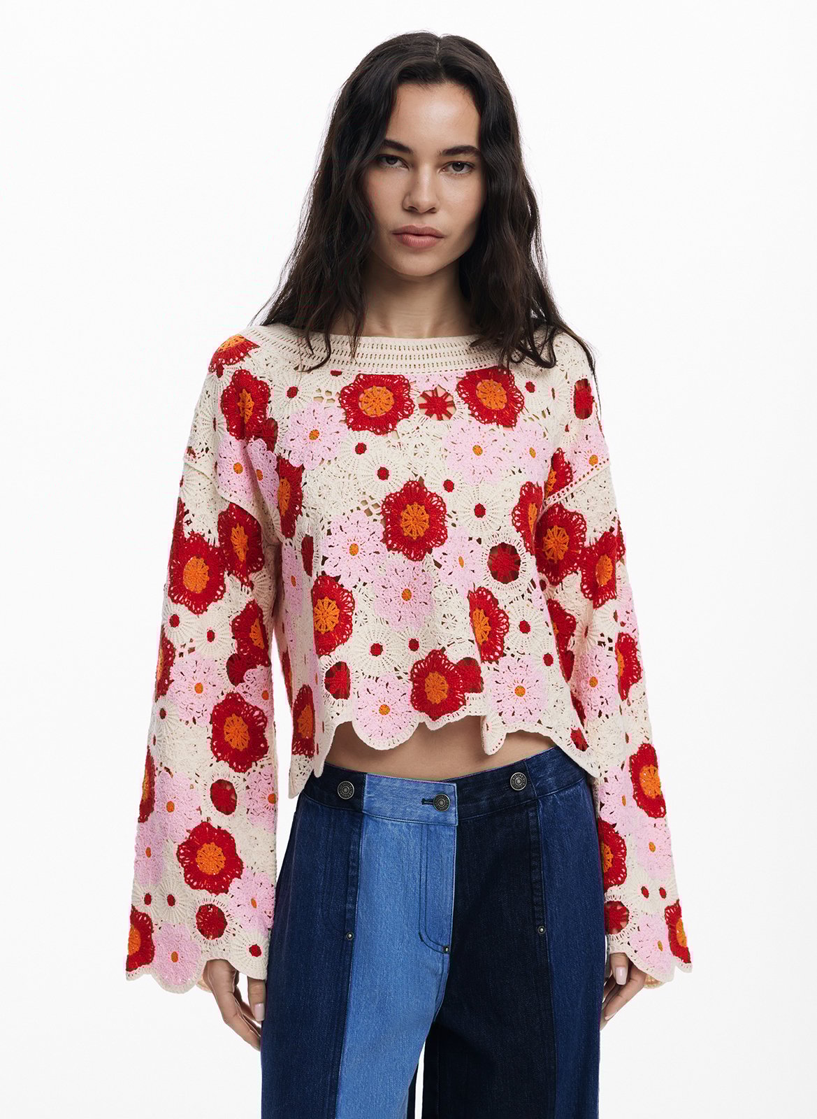 Top col bateau en crochet DESIGUAL Blanc