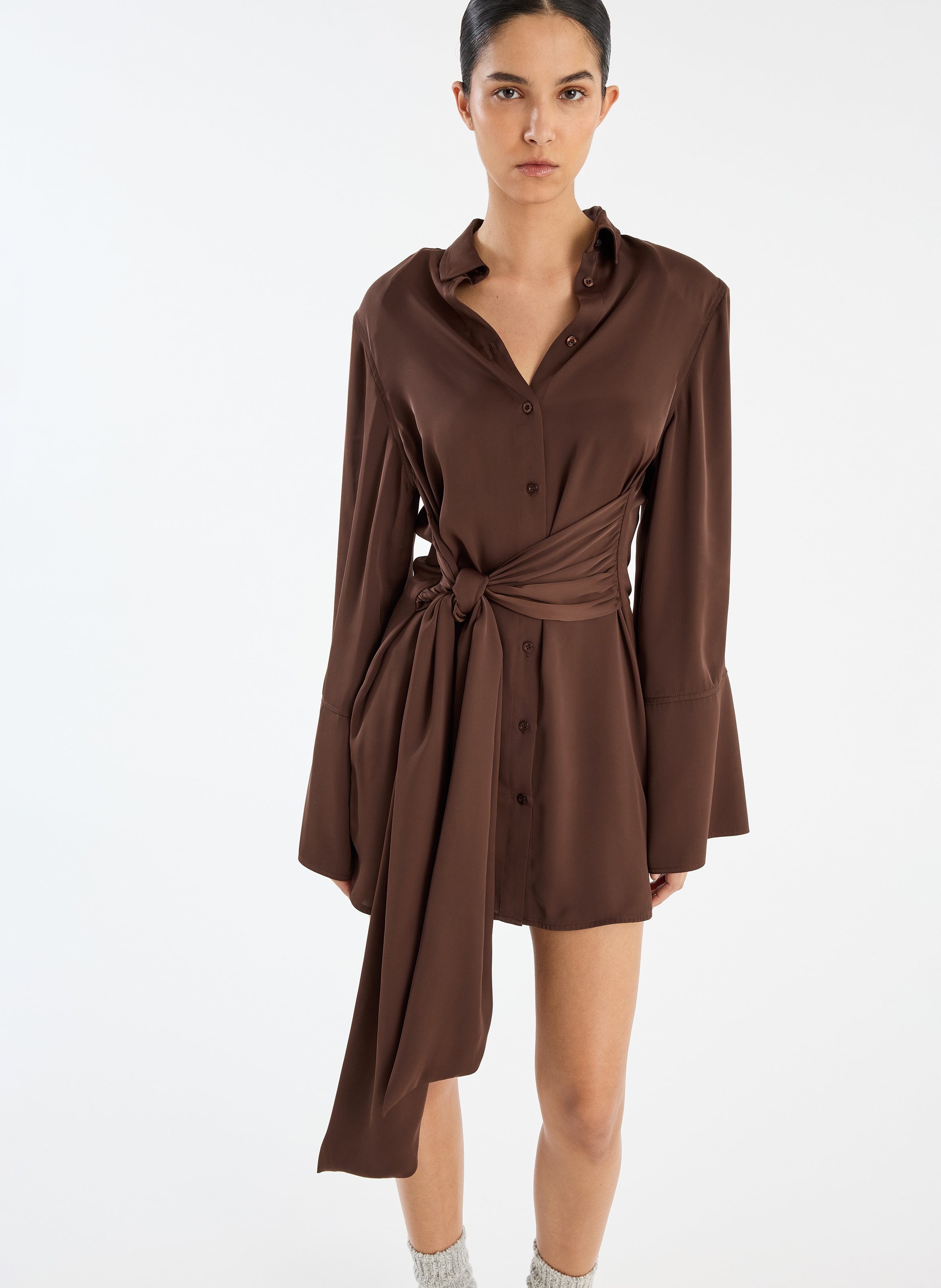 Robe courte col classique satinée ROTATE Marron