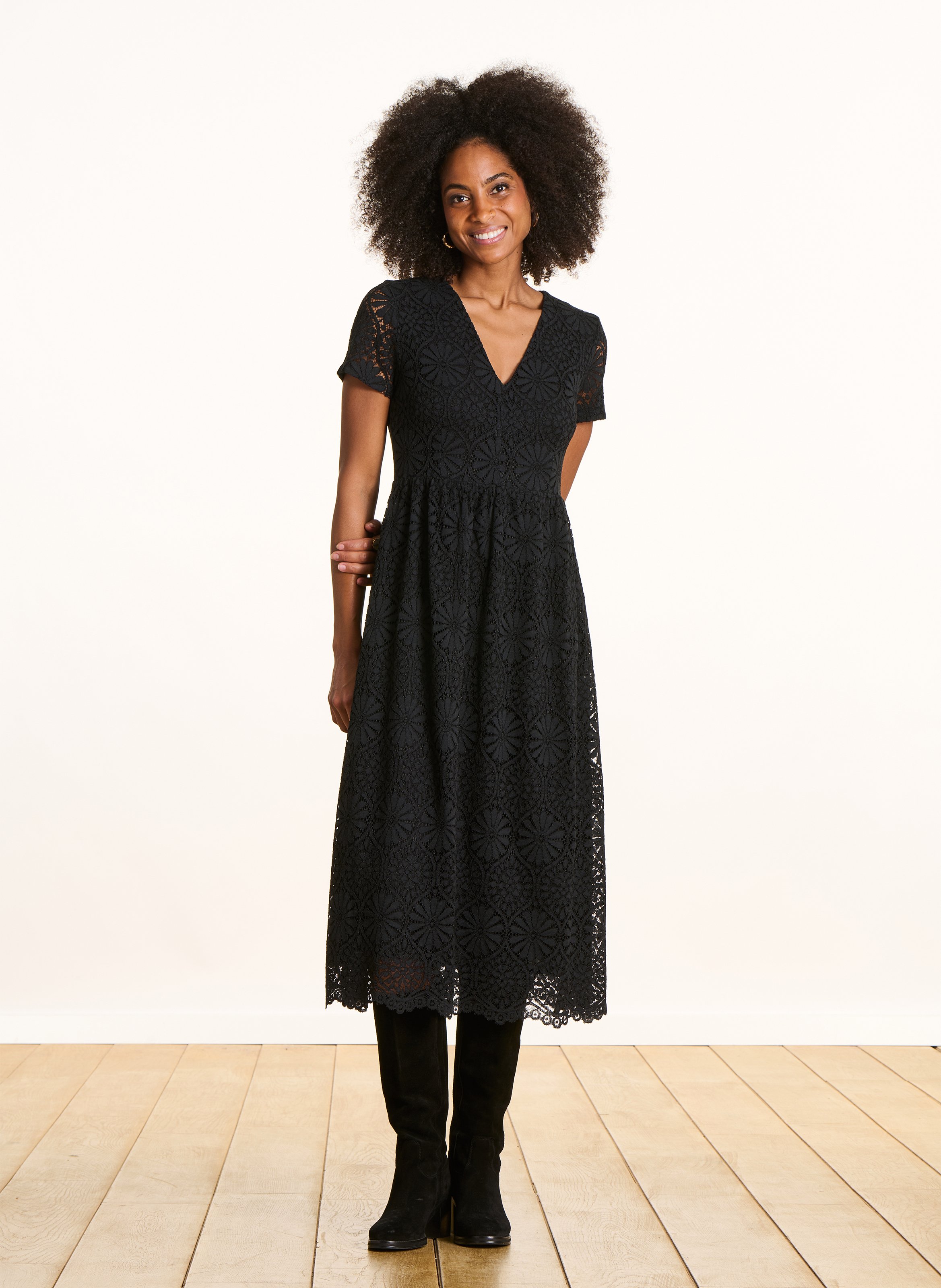 Robe midi col v en dentelle LA FEE MARABOUTEE Noir