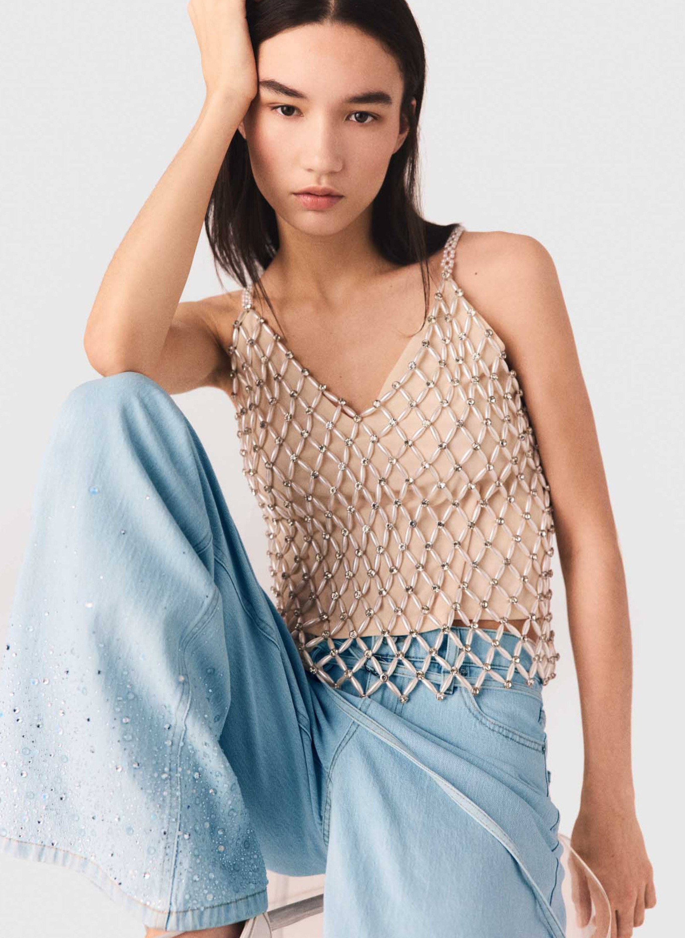 Top met V-hals en strass MAJE Beige