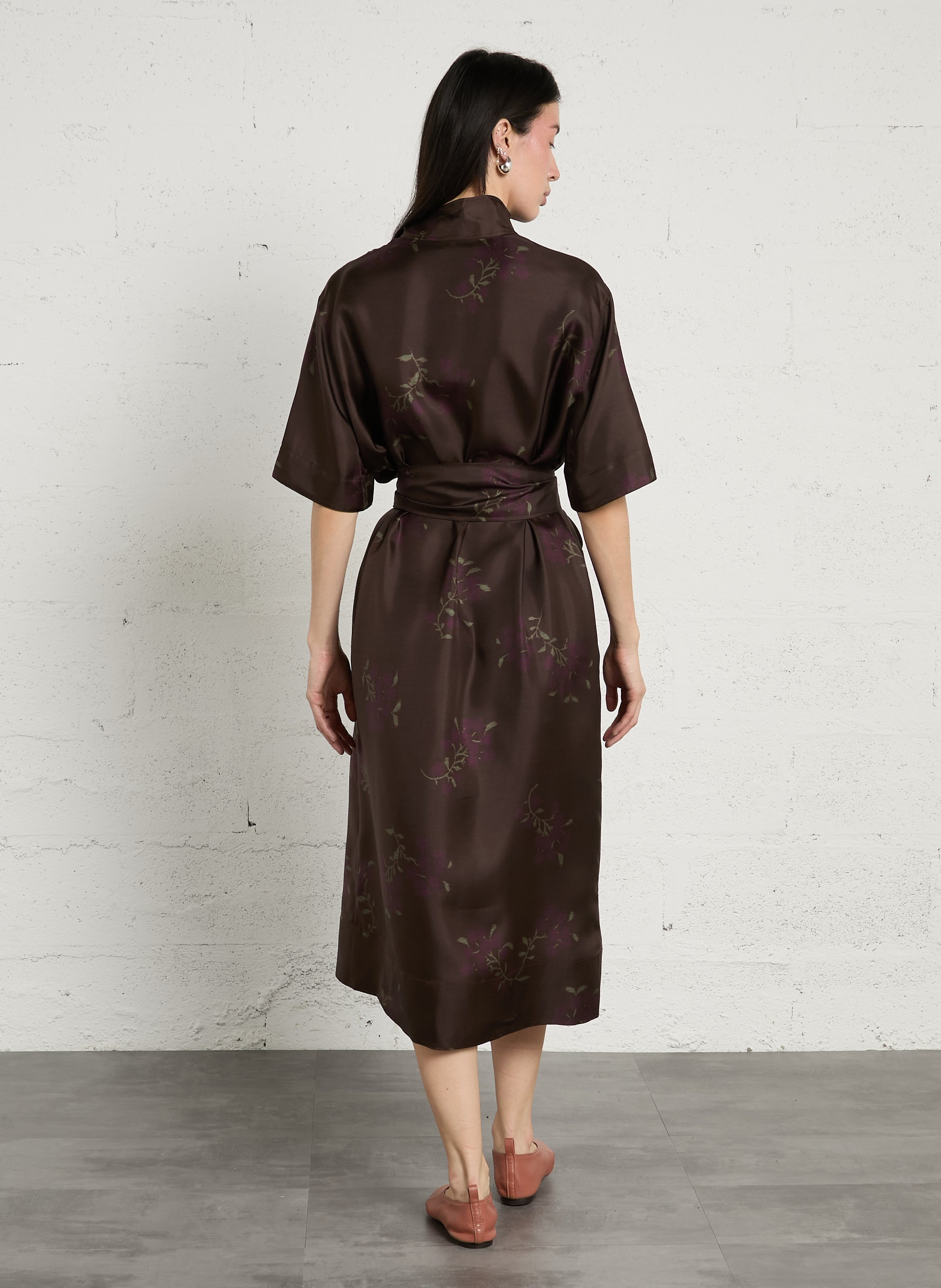 Robe midi col mao en soie SOEUR Marron