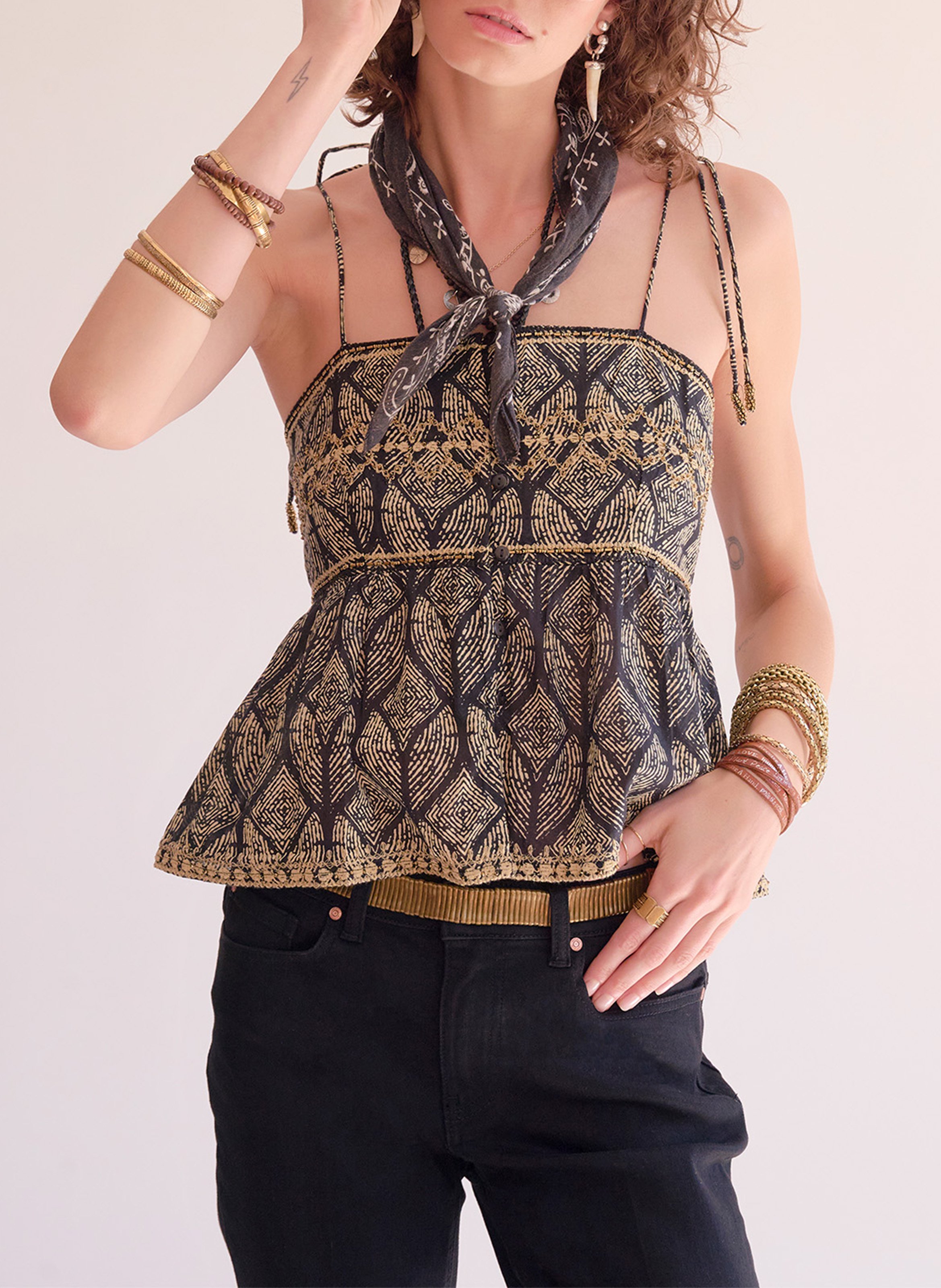 Bedrucktes Baumwoll-Top MKT Schwarz