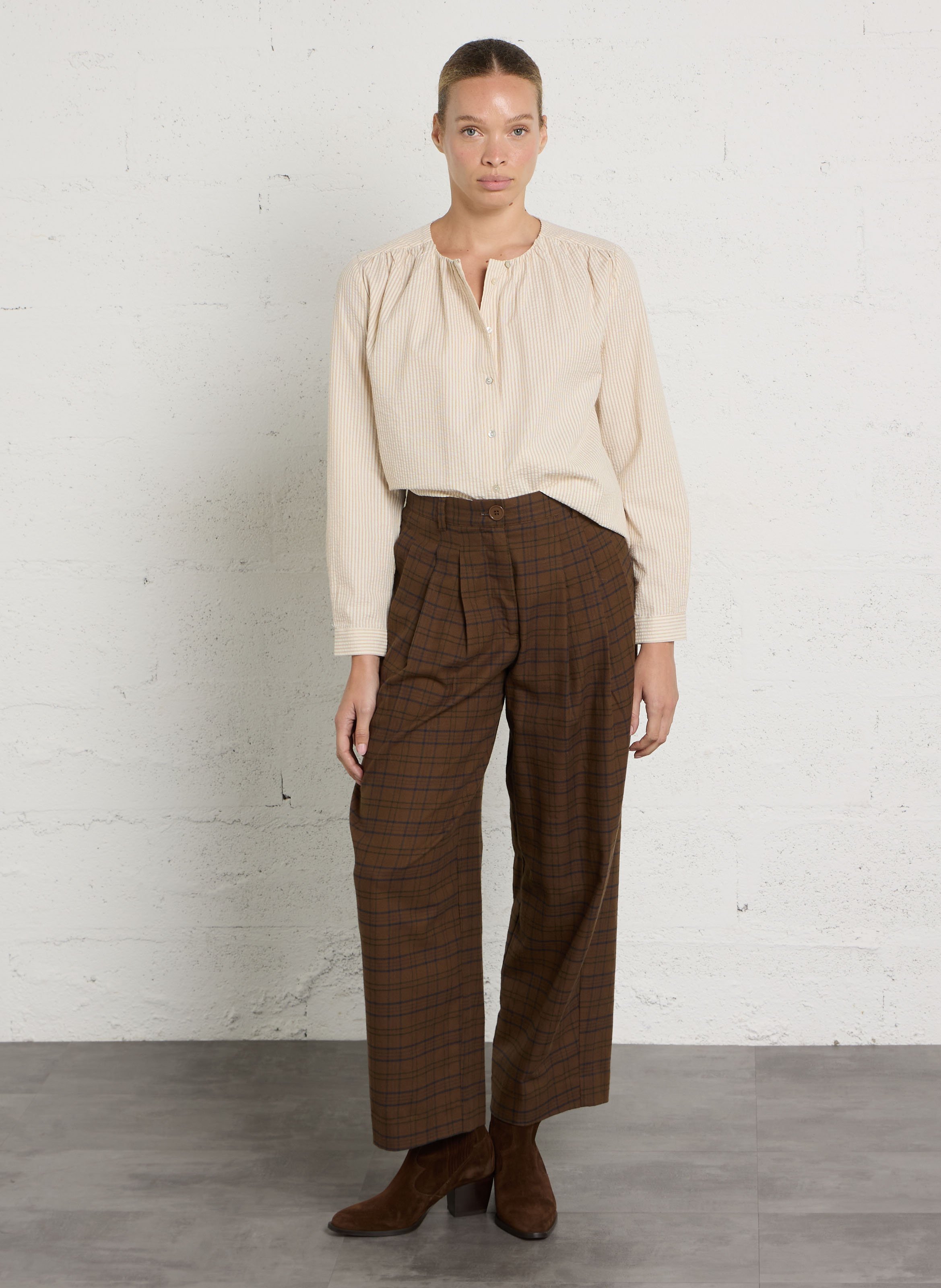 Blouse à col rond rayée en coton JC SOPHIE Marron