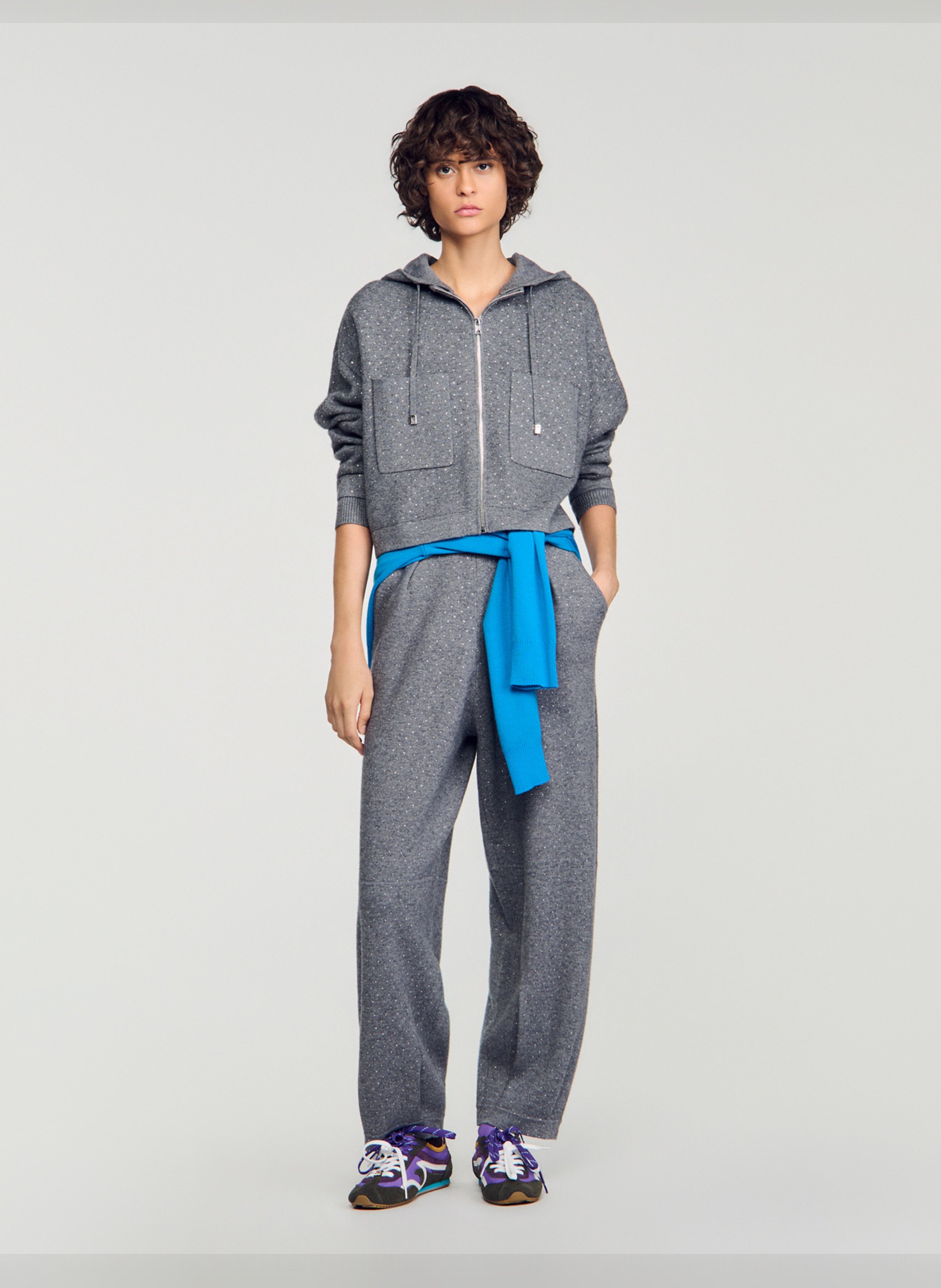Sweat droit à strass en laine mélangée SANDRO Gris
