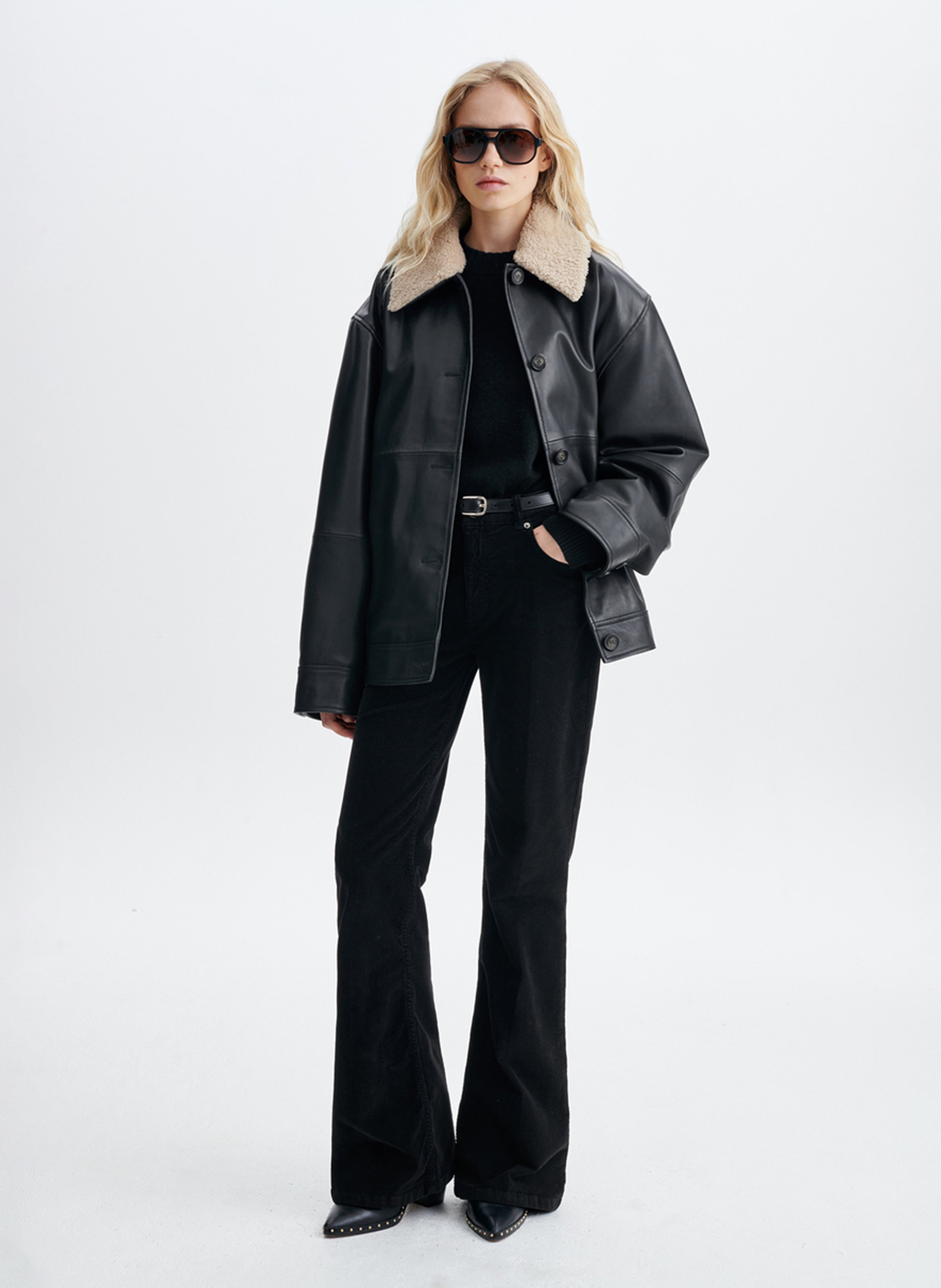 Veste droite col en fourrure en cuir VANESSA BRUNO Zwart