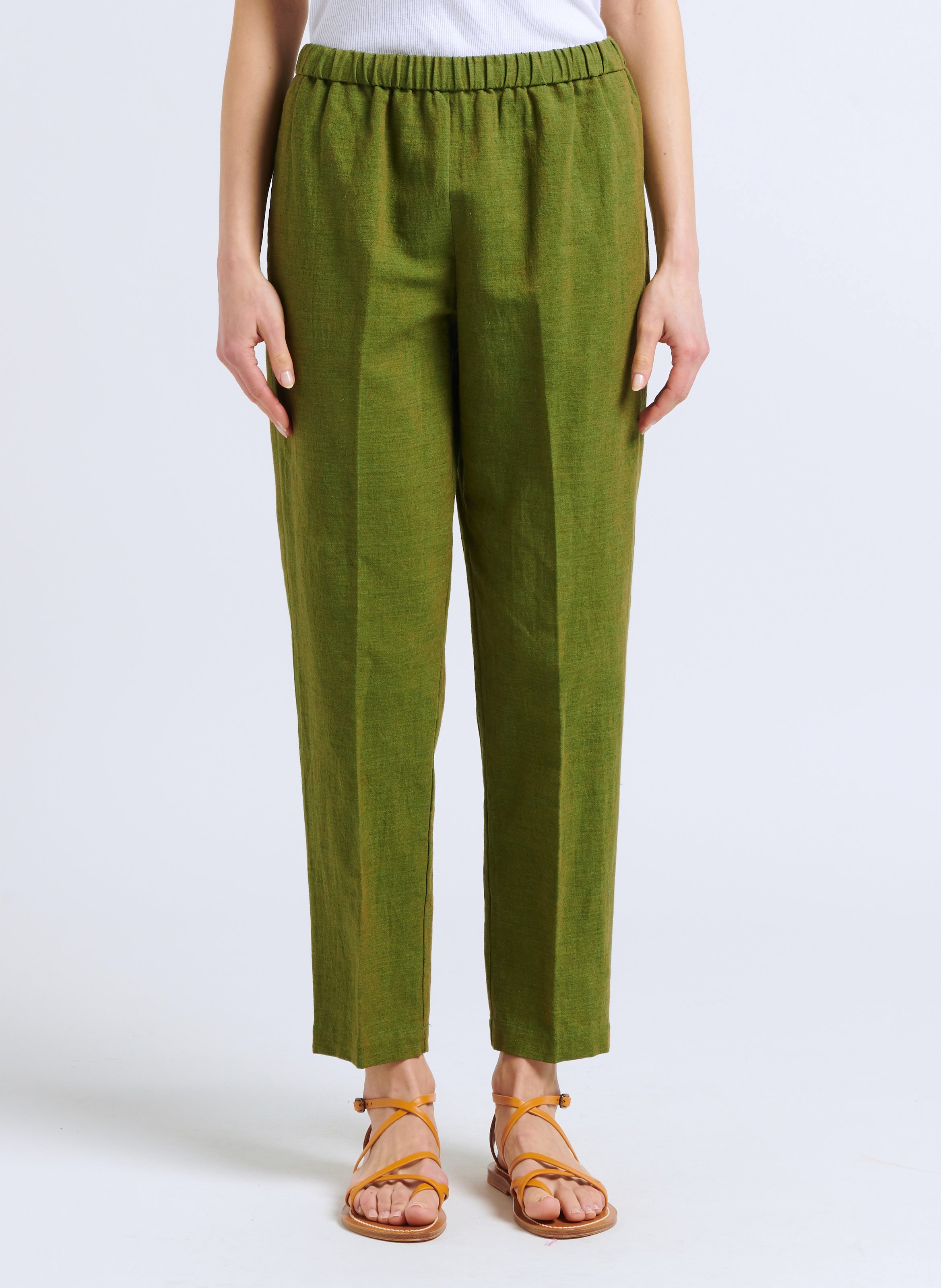 Straight-leg linen-blend pants POMANDERE Green