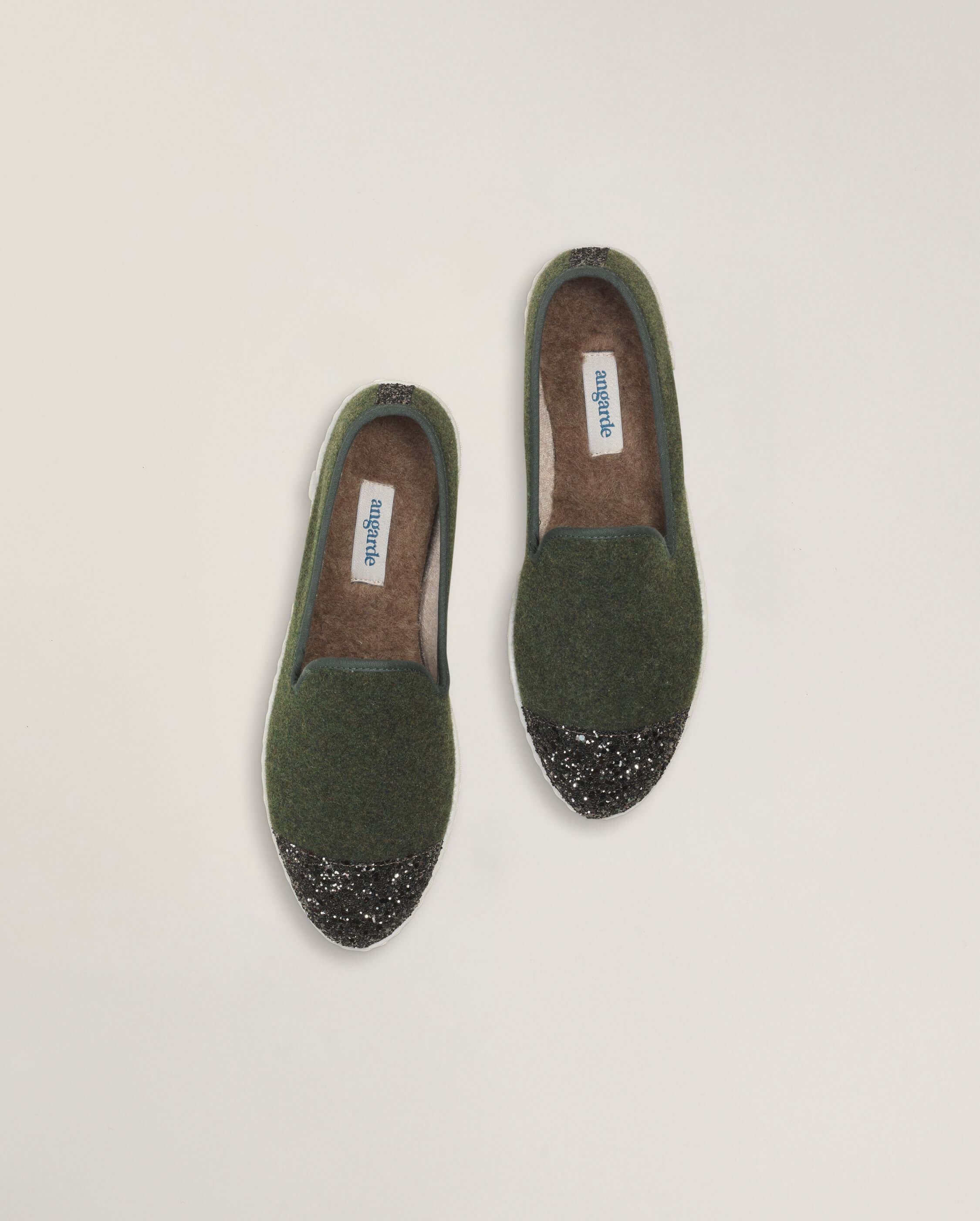 Women's wool slipper, green sequins ANGARDE Green
