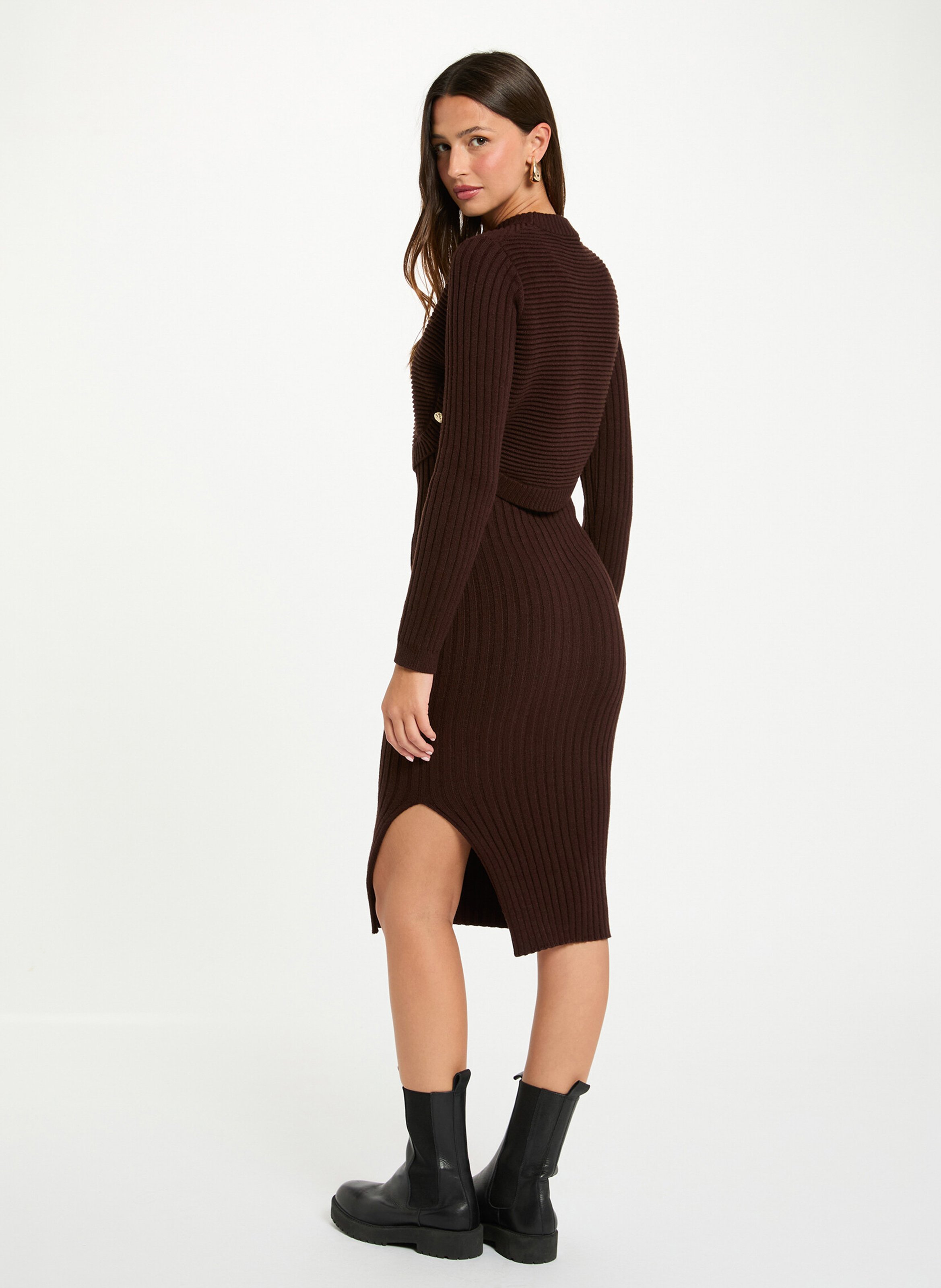 Robe midi col rond en maille MORGAN Marron