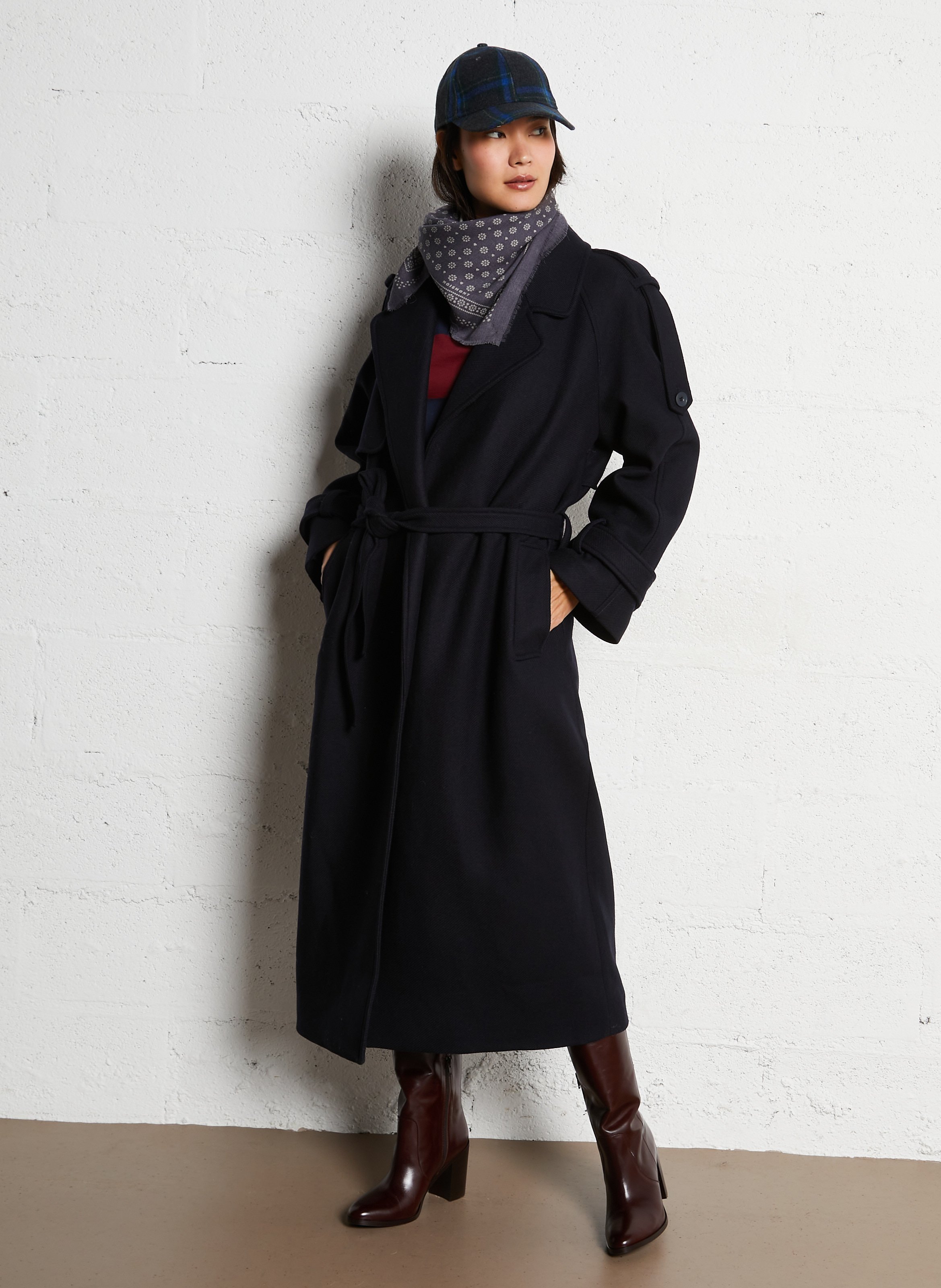 Lange jas met ceintuur - wolblend THE NEW SOCIETY Blauw