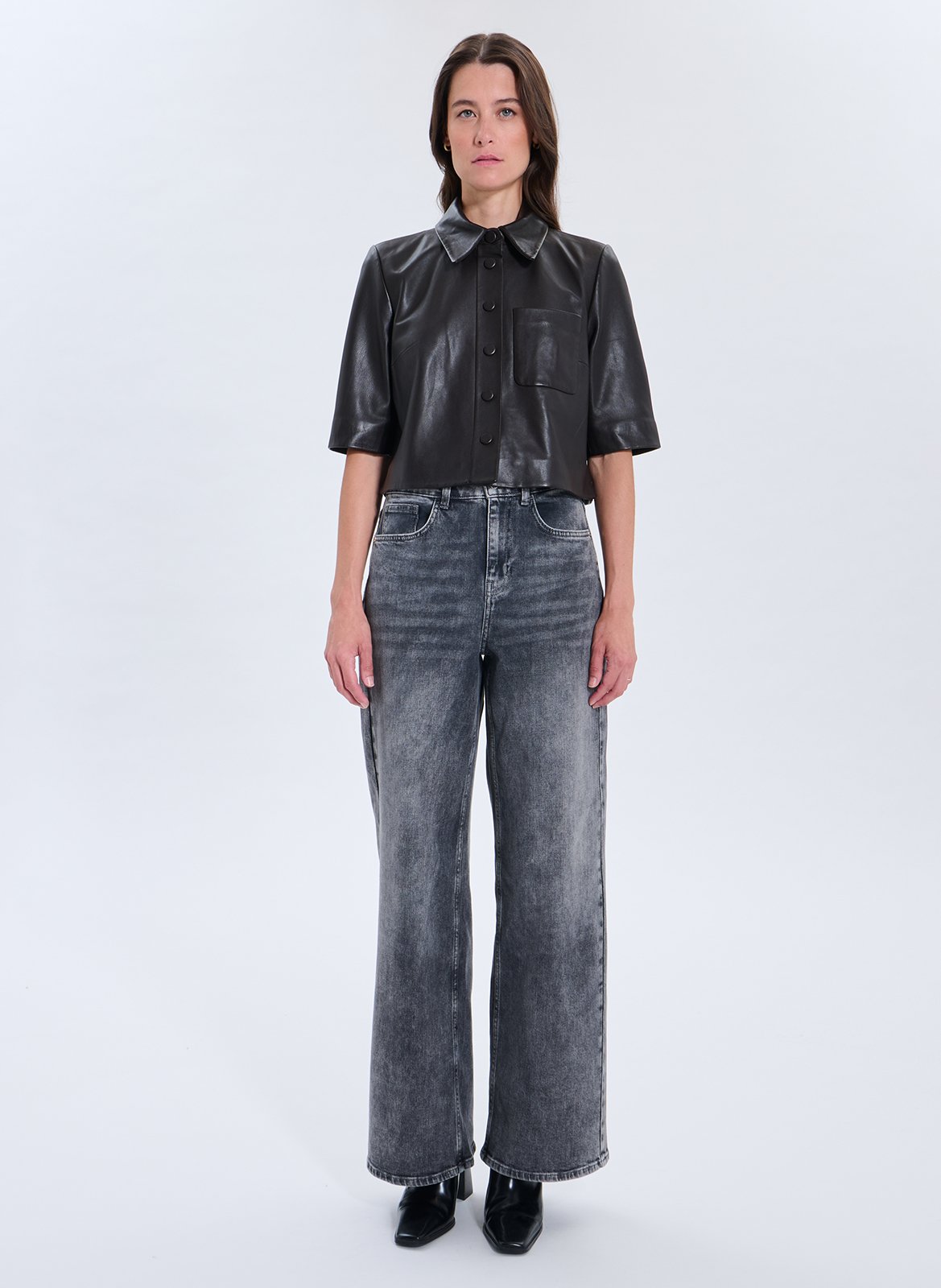 Short button-up leather shirt ZAPA Brown