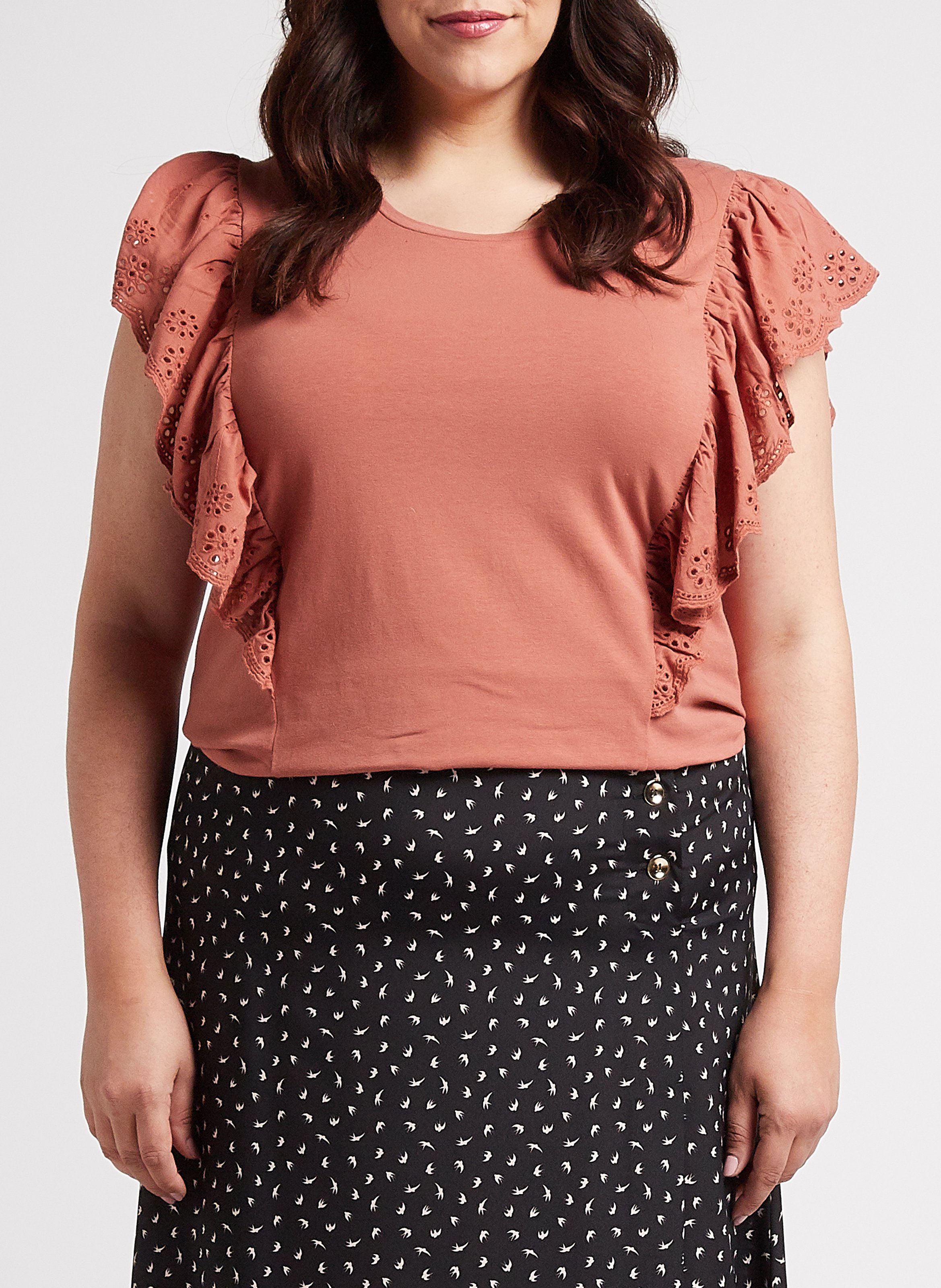 Recht T-shirt van katoenmix met ronde hals PERSONA by Marina Rinaldi Bruin