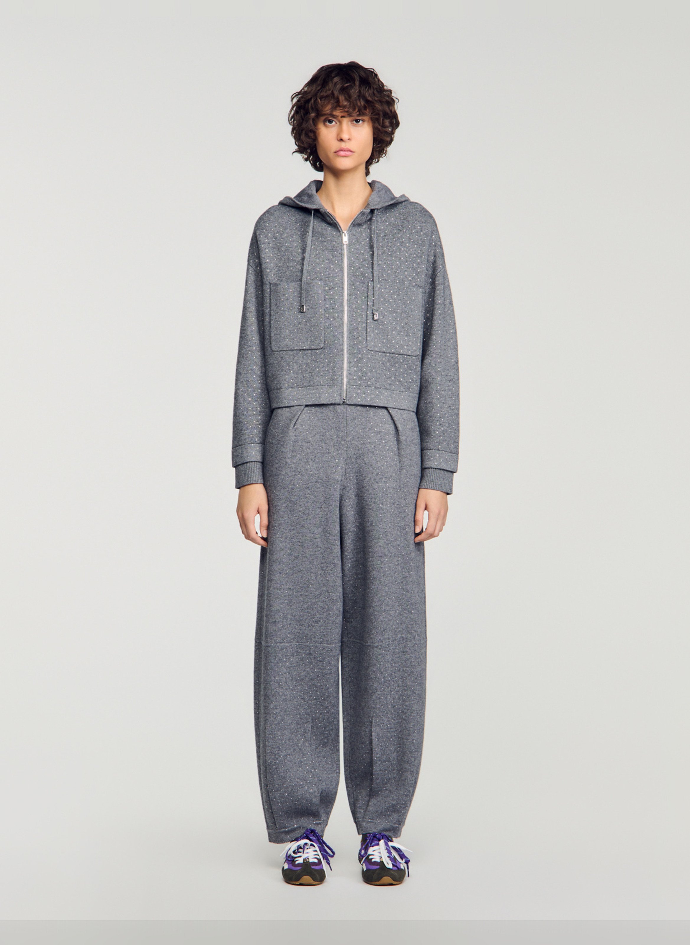 Sweat droit à strass en laine mélangée SANDRO Gris