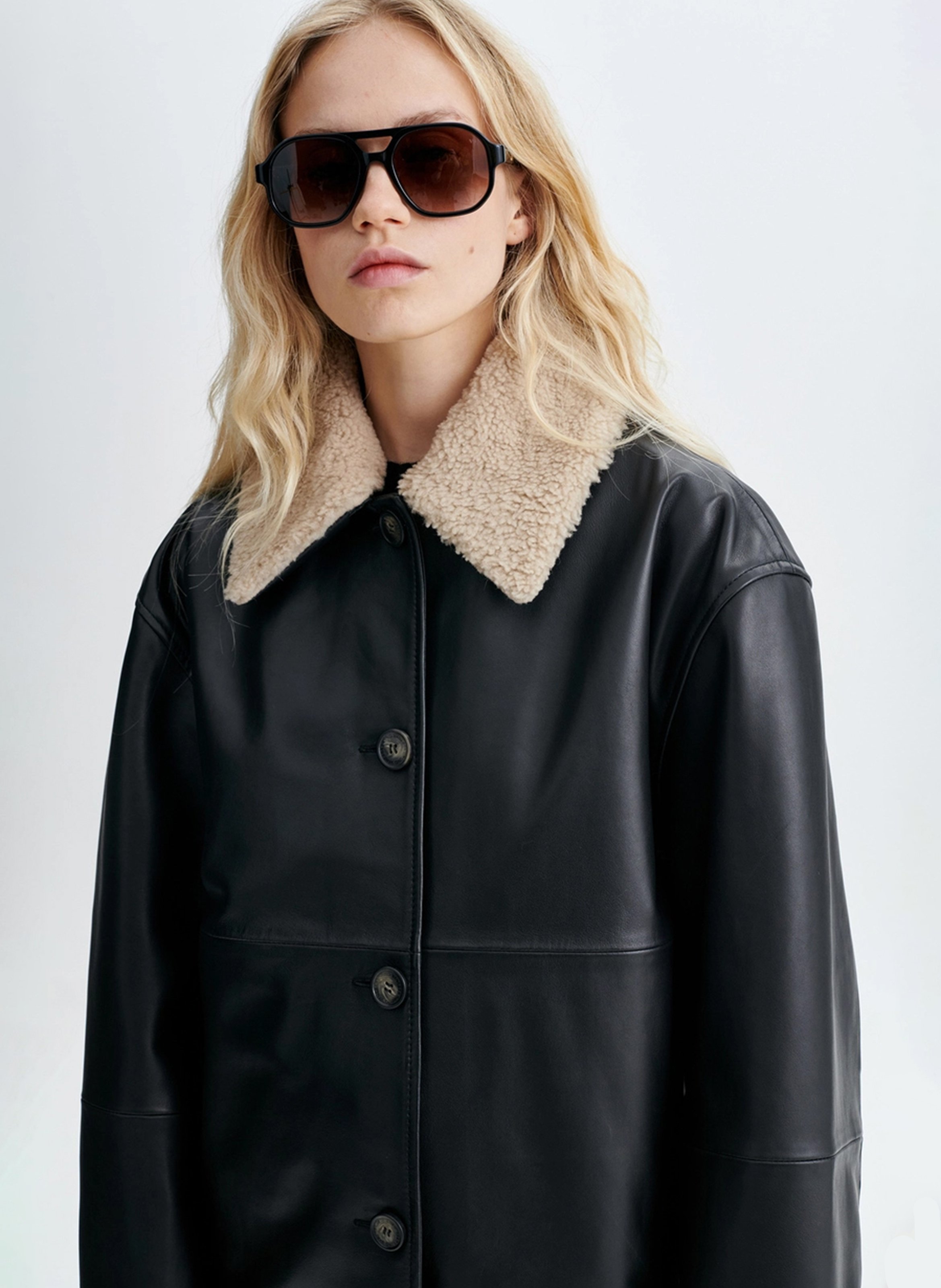 Veste droite col en fourrure en cuir VANESSA BRUNO Zwart