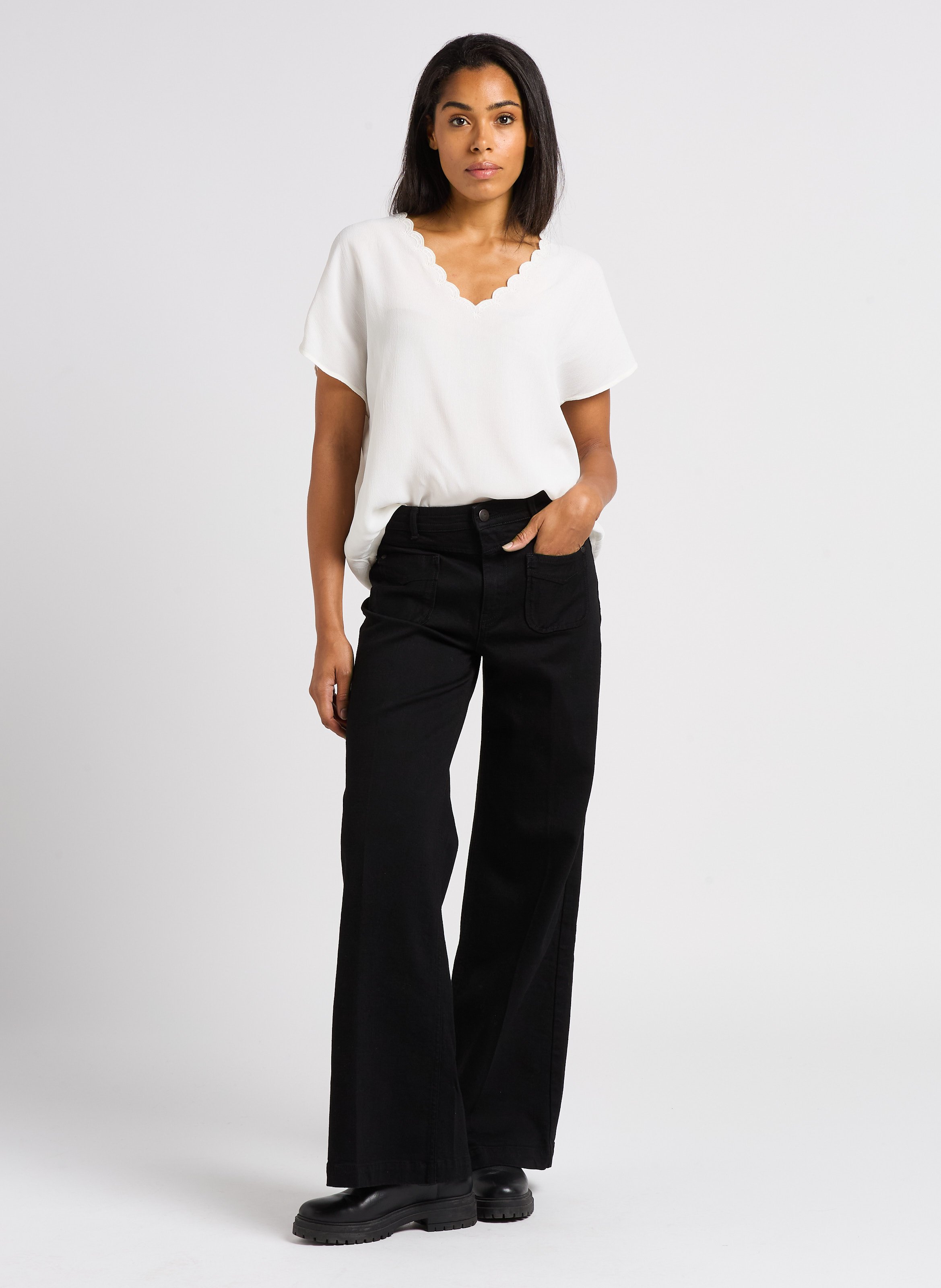 Wide leg cotton stretch jeans ONE STEP Black