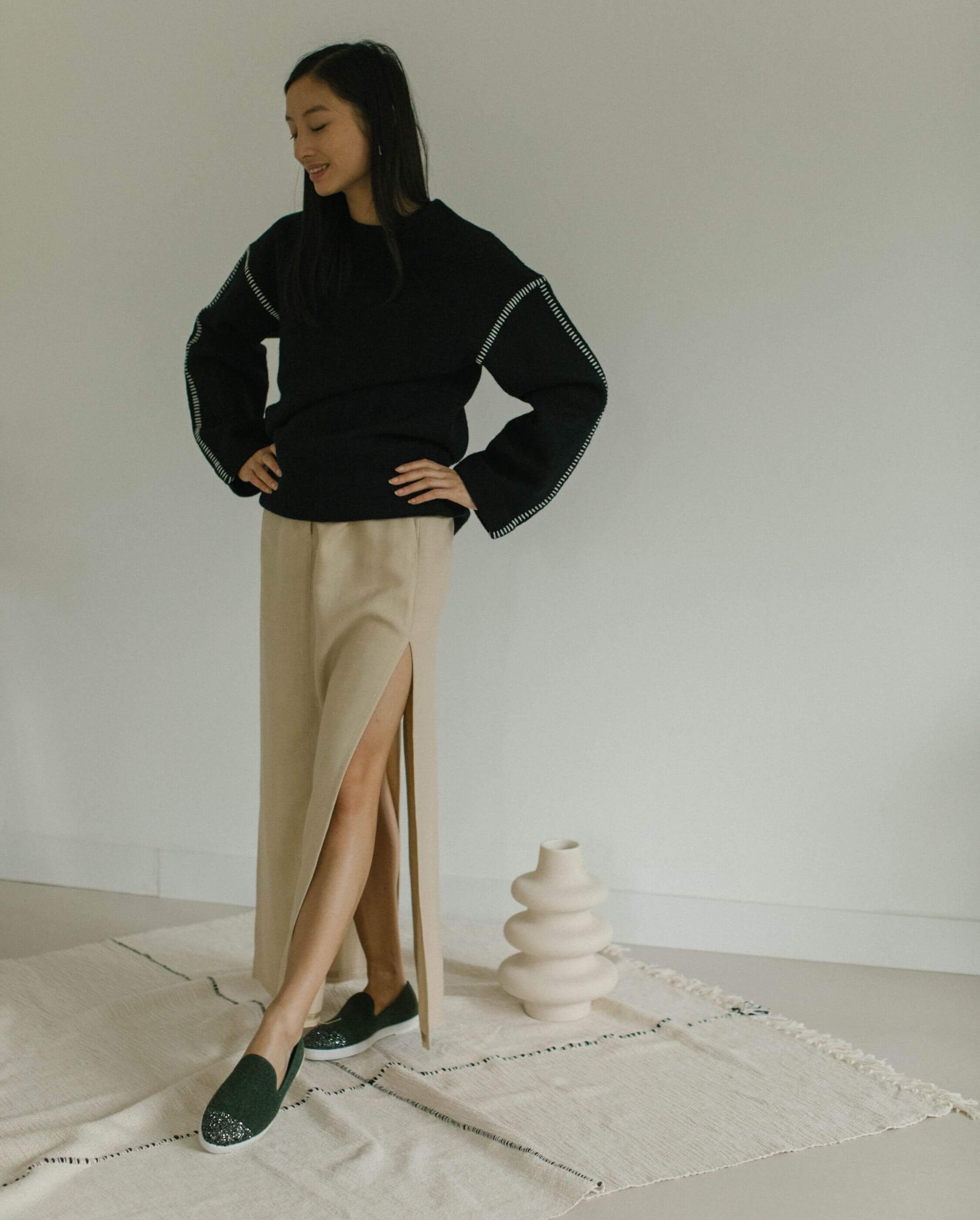 Women's wool slipper, green sequins ANGARDE Green