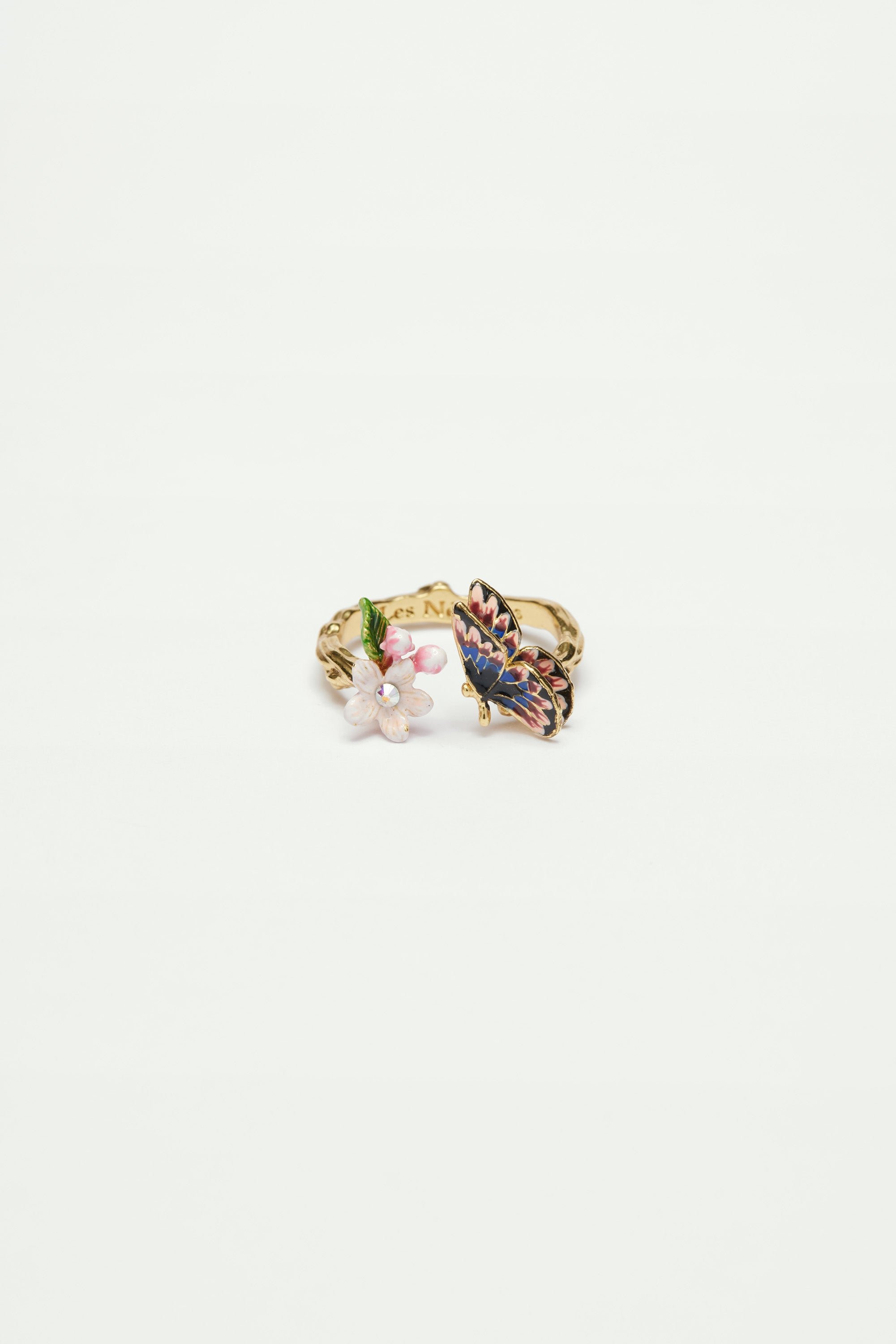 Adjustable ring with Japanese butterfly and cherry blossom flower LES NEREIDES Multicolored