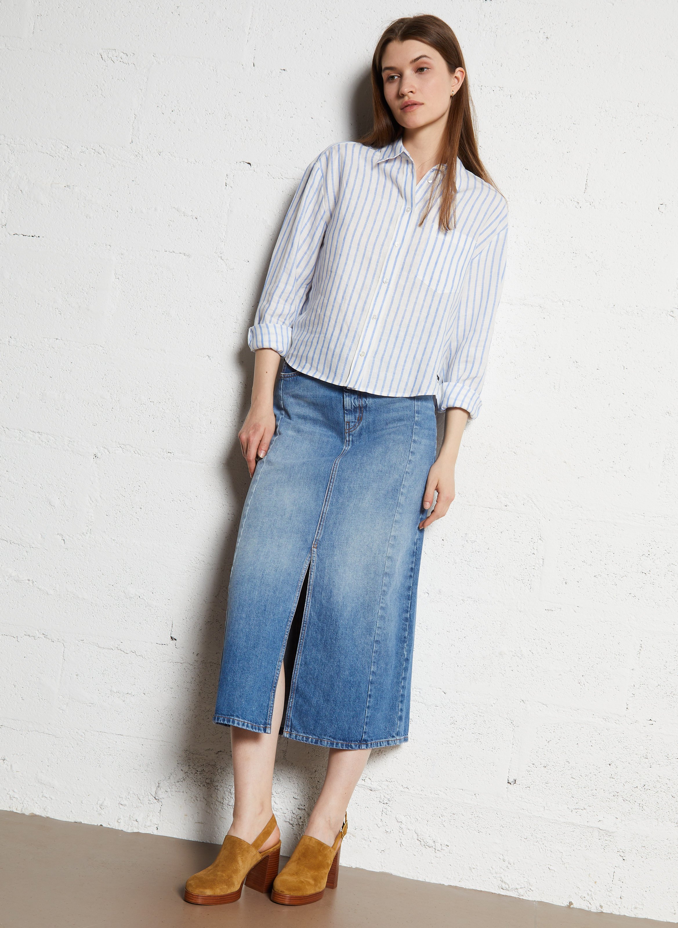 Jupe midi en coton Bleu