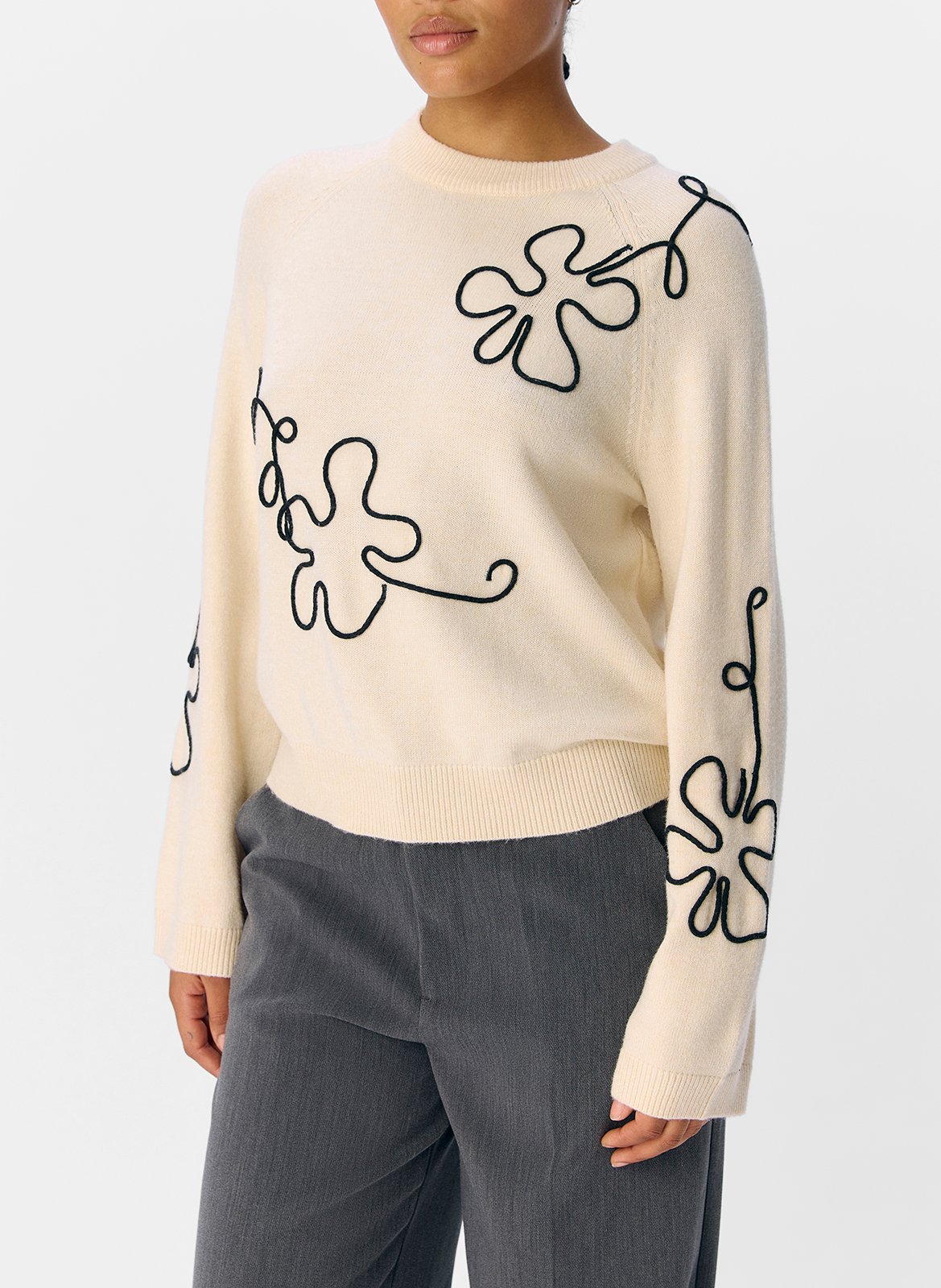 Trui met ronde hals en borduursel OBJECT Beige