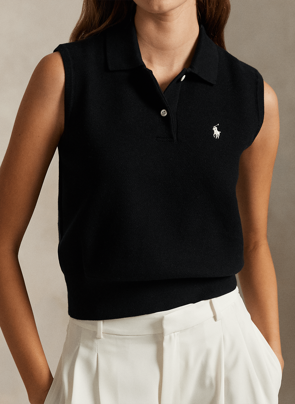 Sweat col polo sans manches à logo POLO RALPH LAUREN Noir