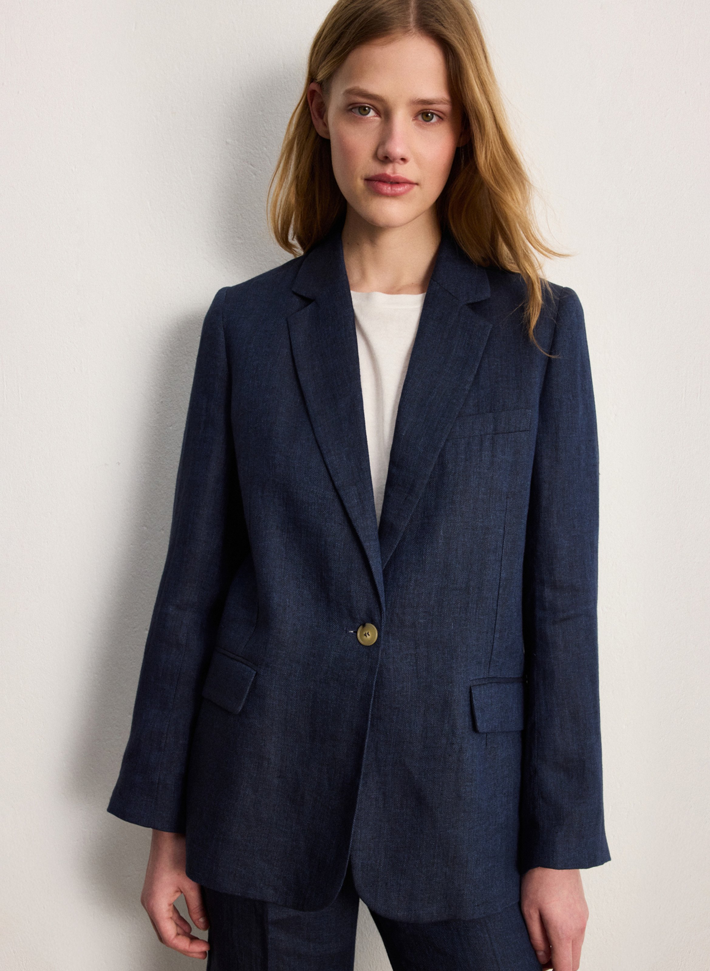 Veste tailleur droite en lin PABLO Bleu