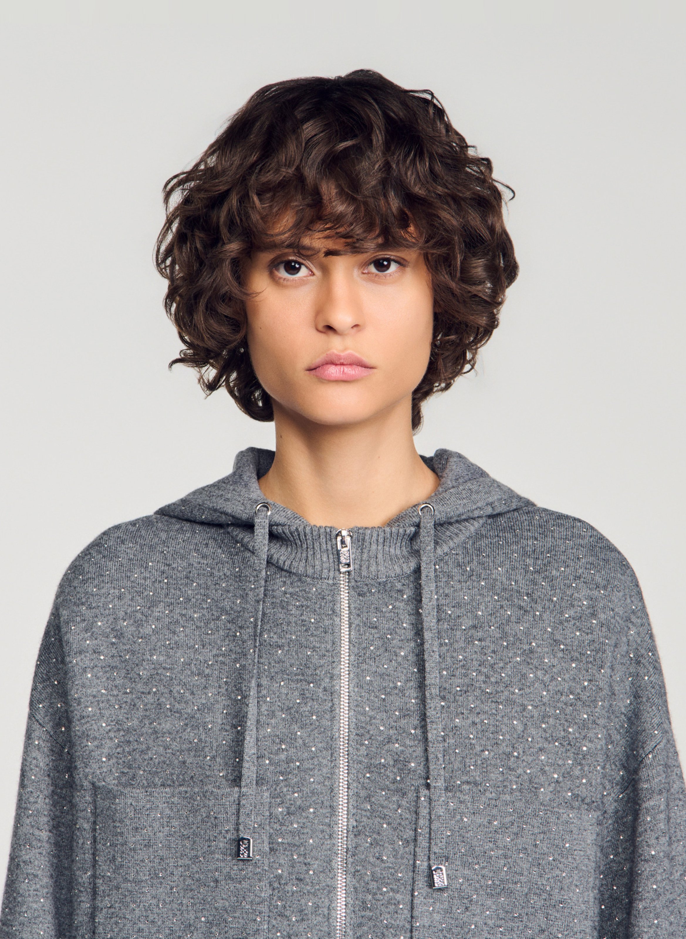 Sweat droit à strass en laine mélangée SANDRO Gris