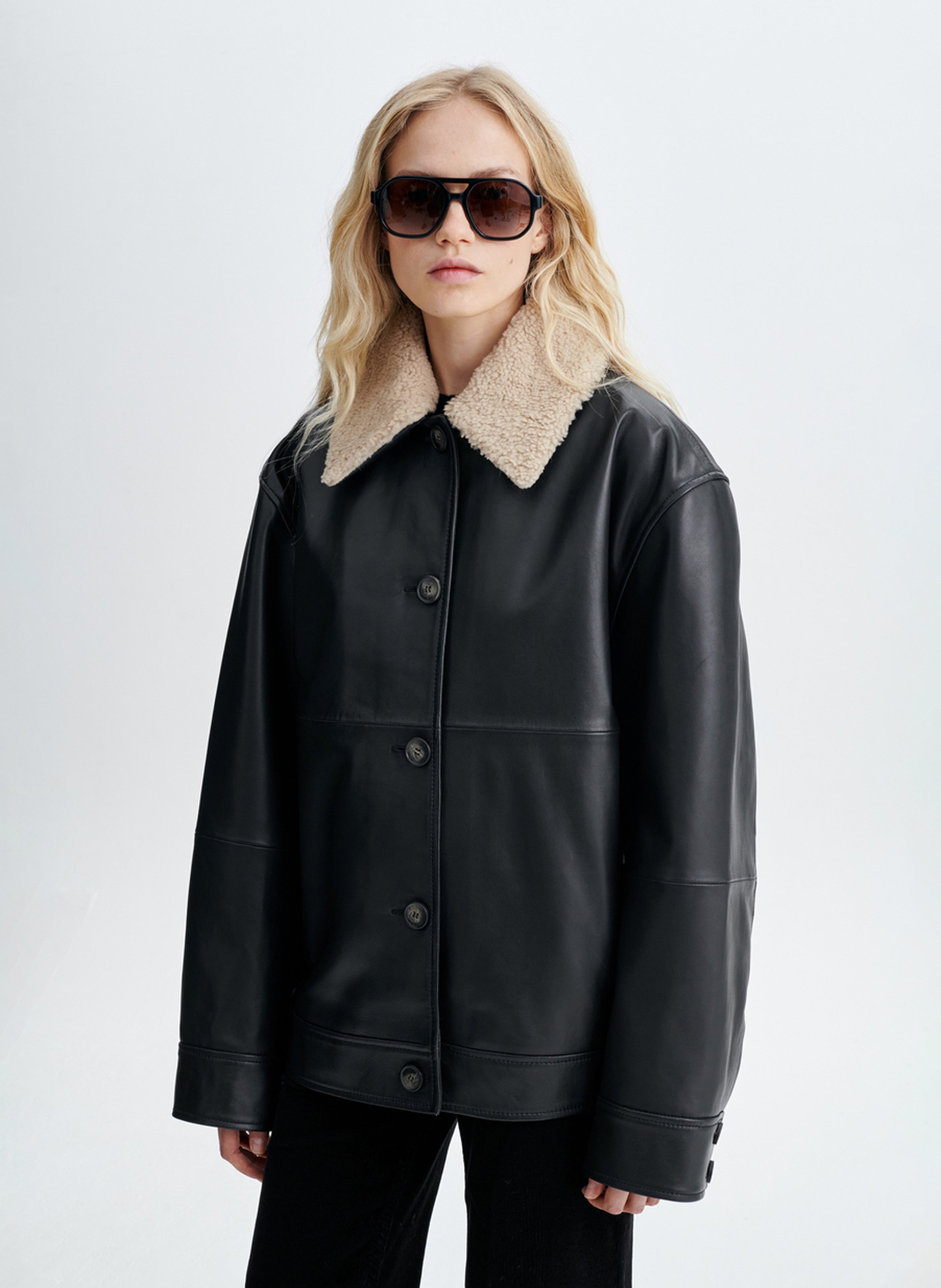 Veste droite col en fourrure en cuir VANESSA BRUNO Zwart