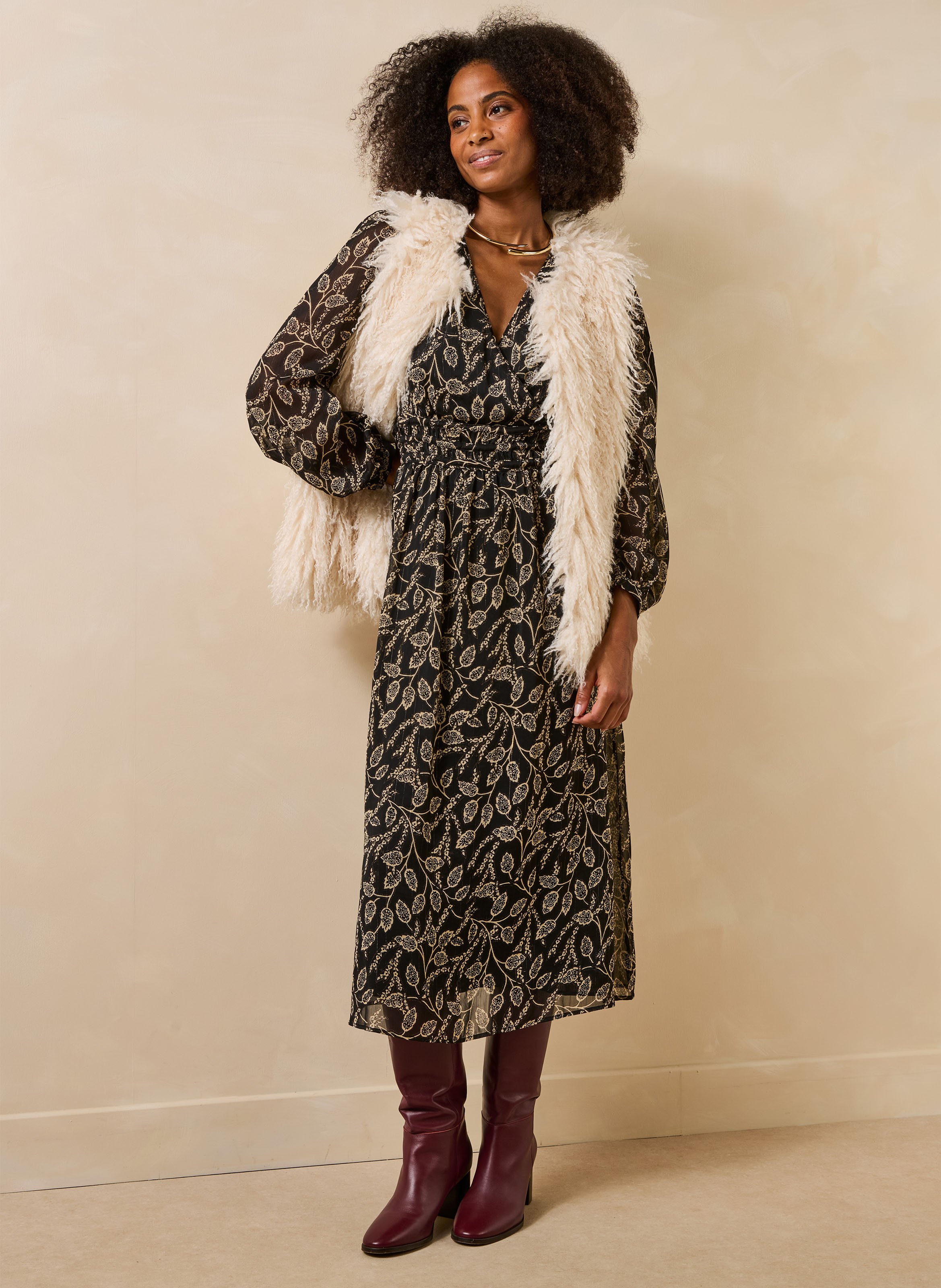 Long wrap-neck printed dress LA FEE MARABOUTEE Black