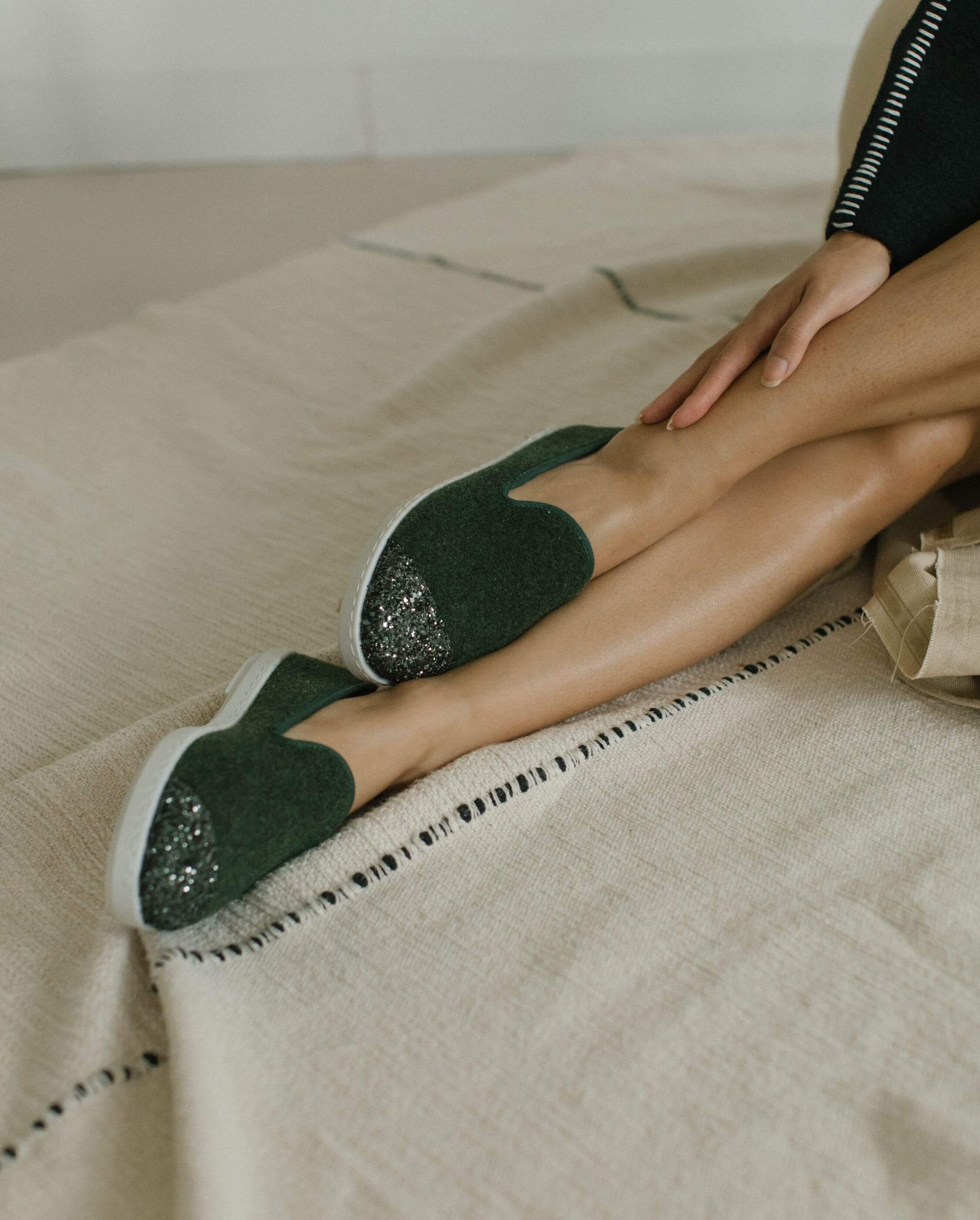 Women's wool slipper, green sequins ANGARDE Green