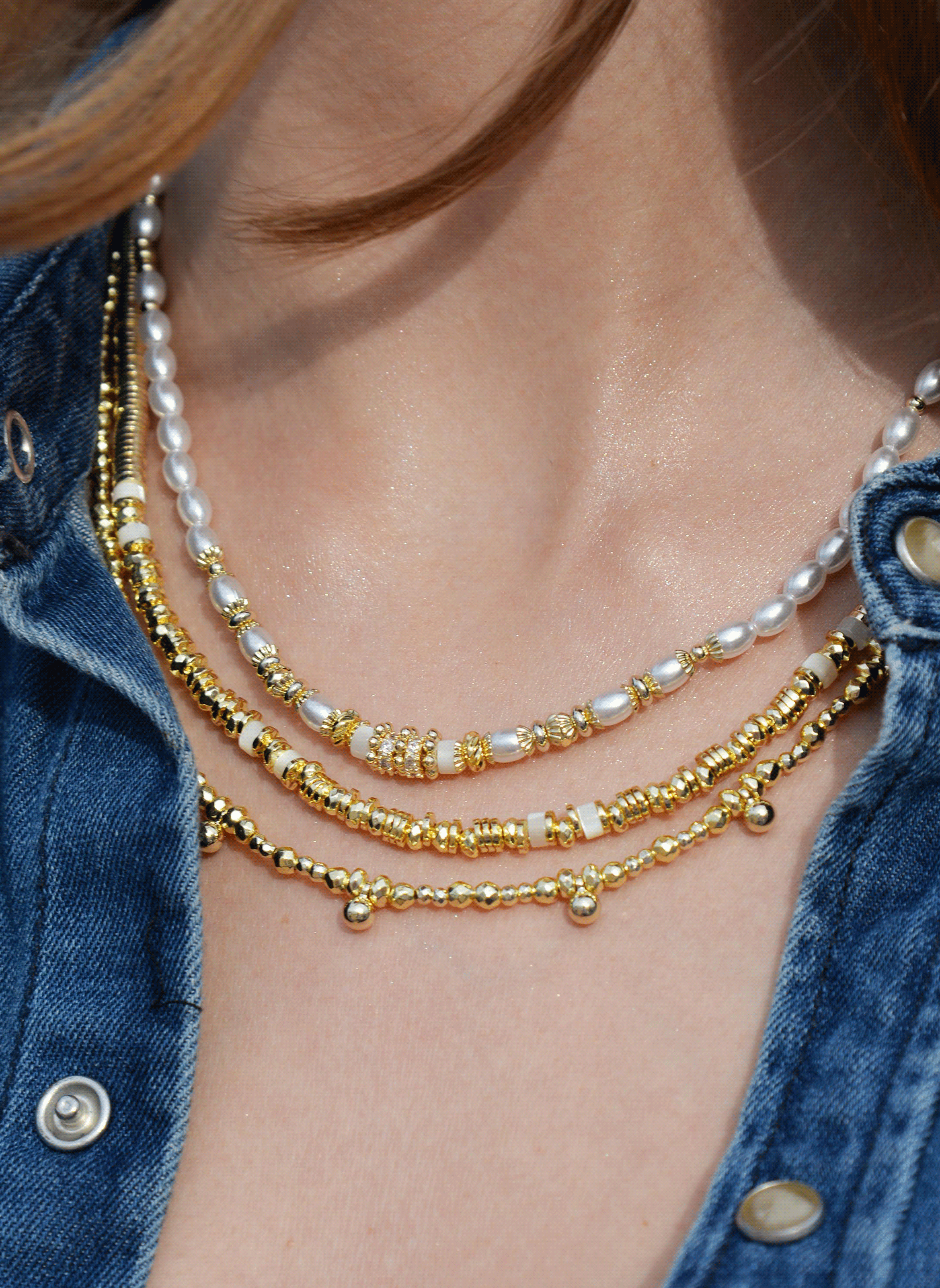 Multilayer necklace with pearls and sequins HIPANEMA Golden