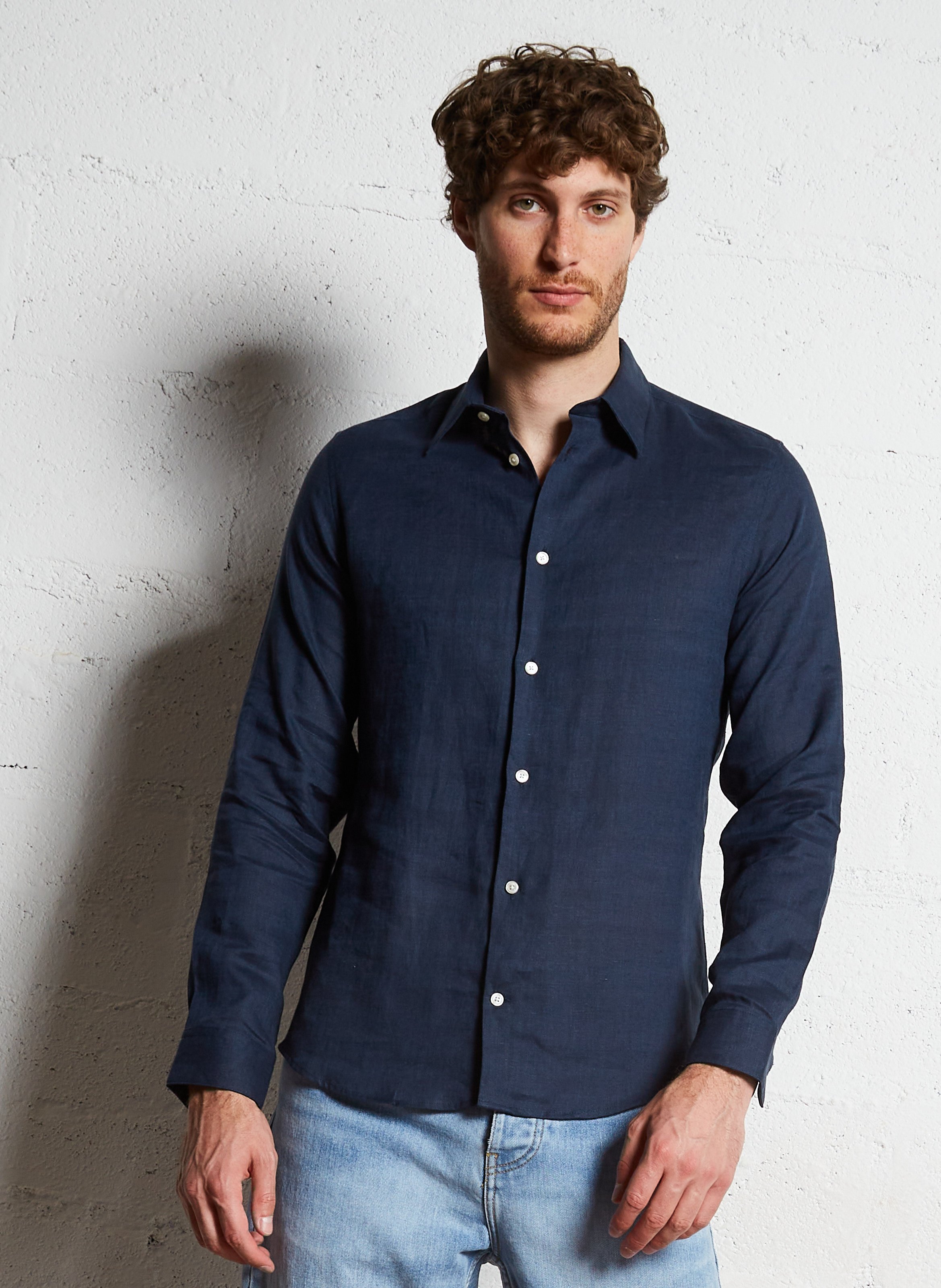 Gerade geschnittene Leinenbluse mit V-Dekolleté und Taschen AU PRINTEMPS PARIS Blau