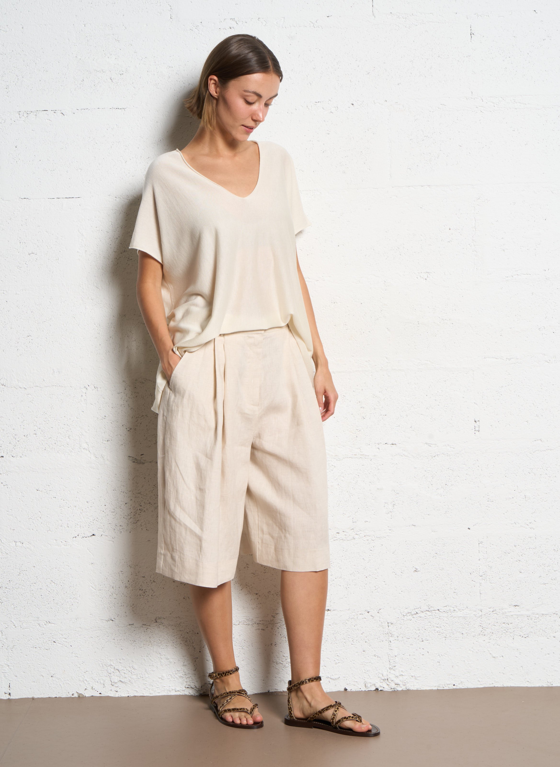 Short à pinces en lin STAUD Blanc