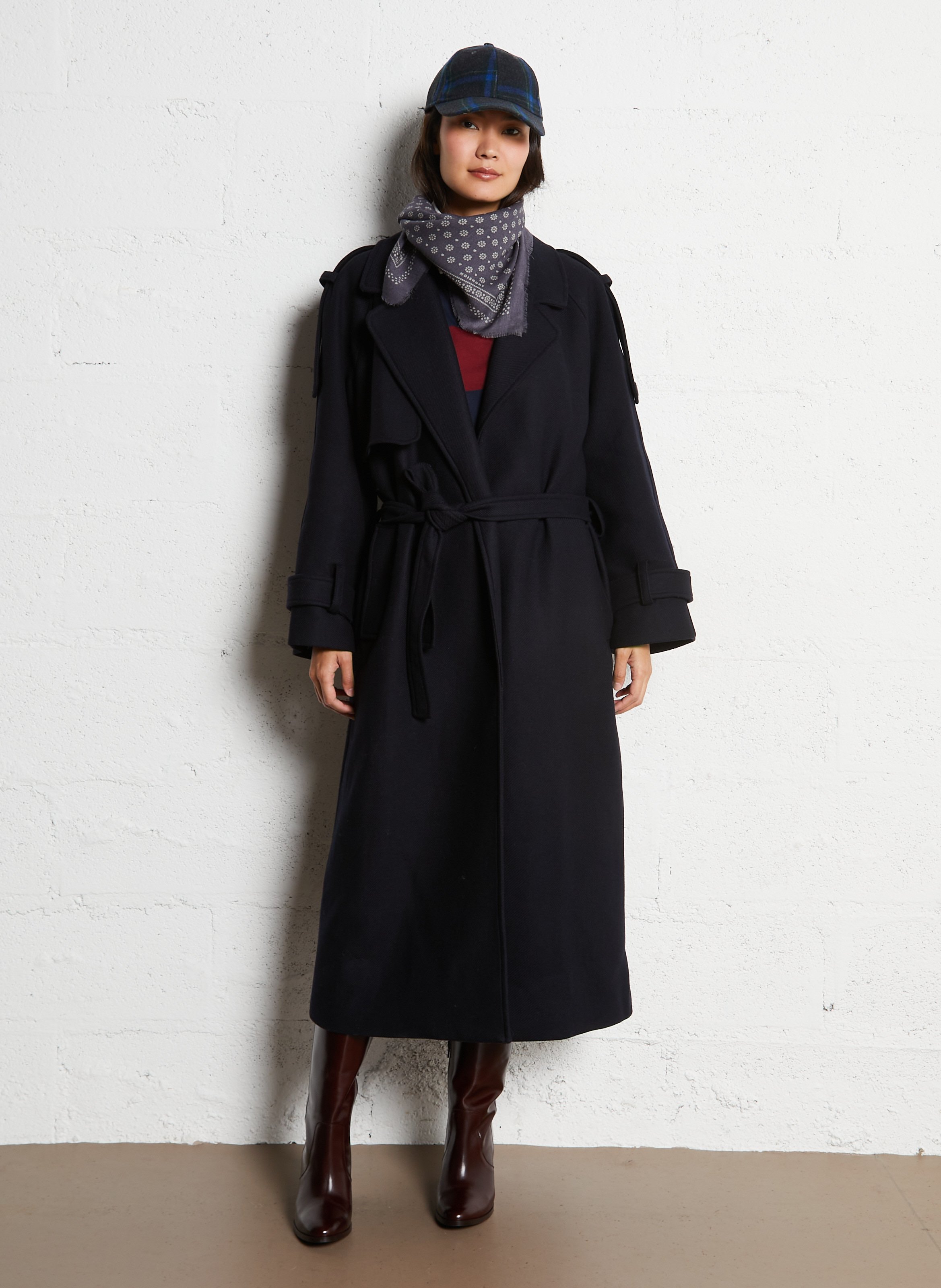 Lange jas met ceintuur - wolblend THE NEW SOCIETY Blauw