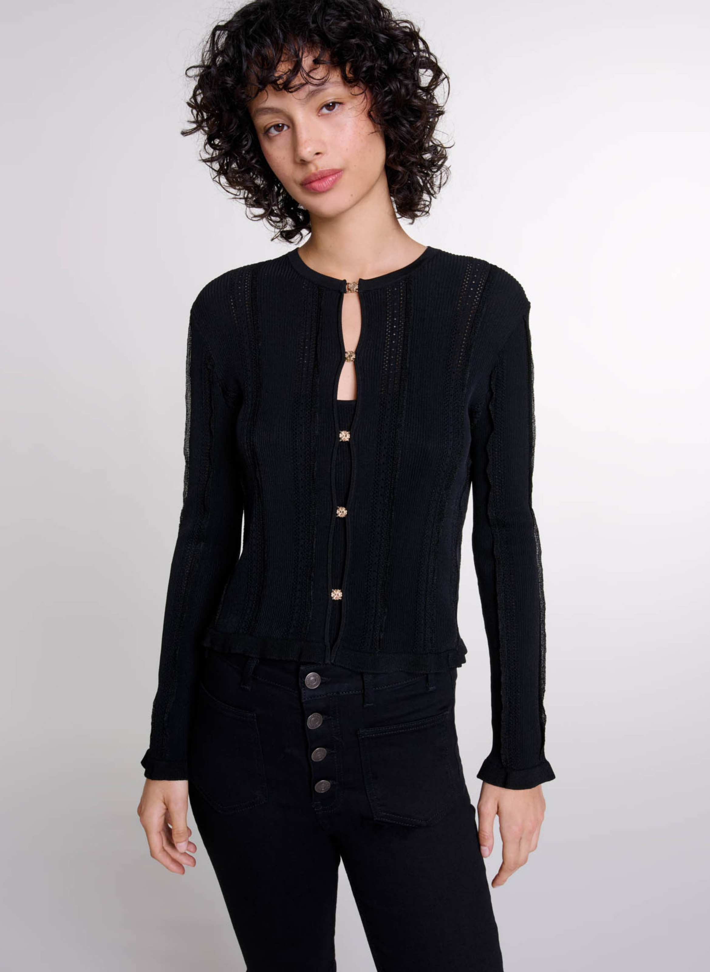 Straight round-neck cardigan in openwork knit MAJE Black