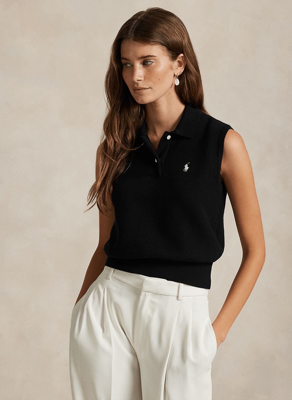 Sweat col polo sans manches à logo POLO RALPH LAUREN Noir