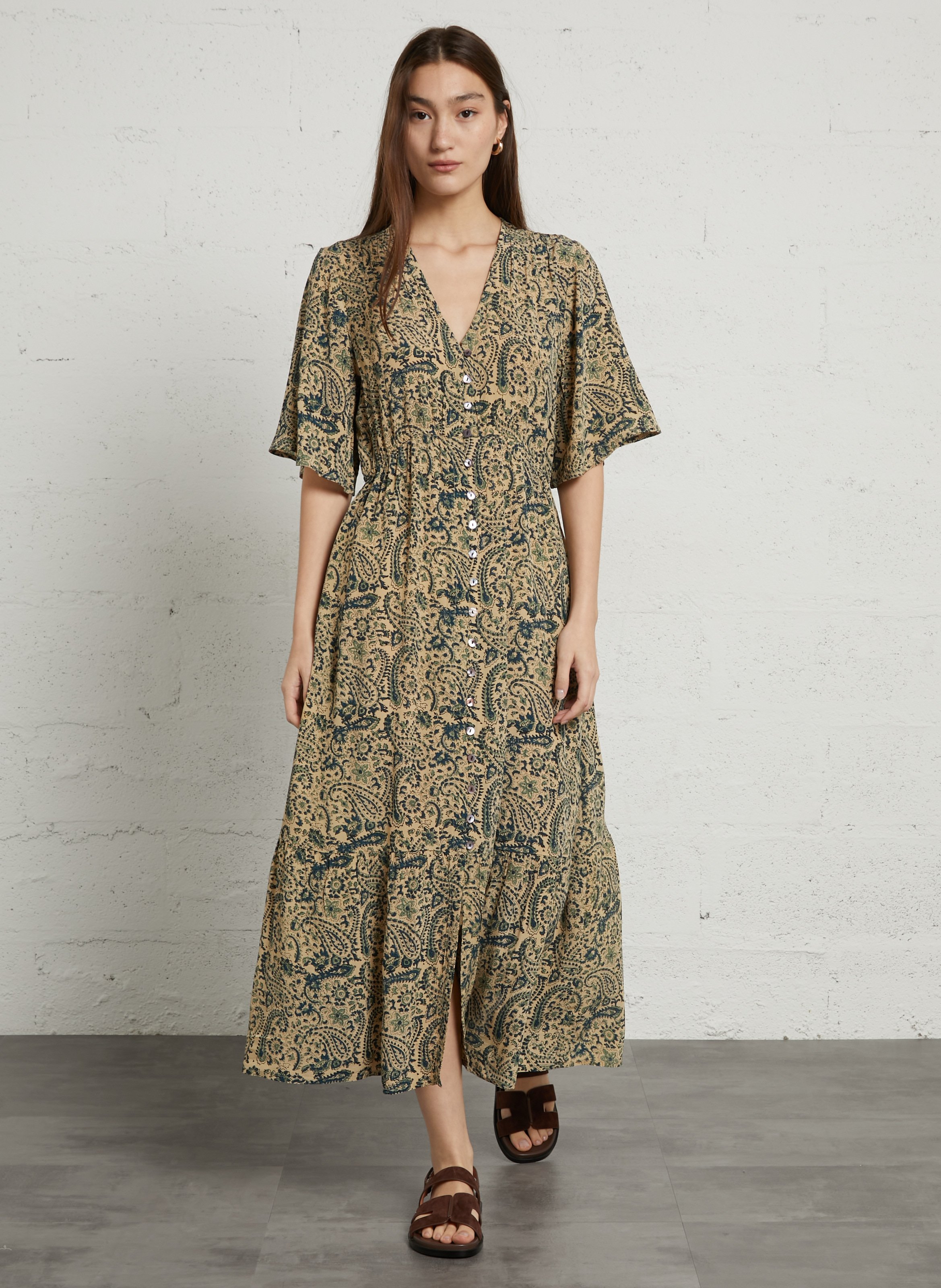 Lange jurk met V-hals en print MAISON HOTEL Blue