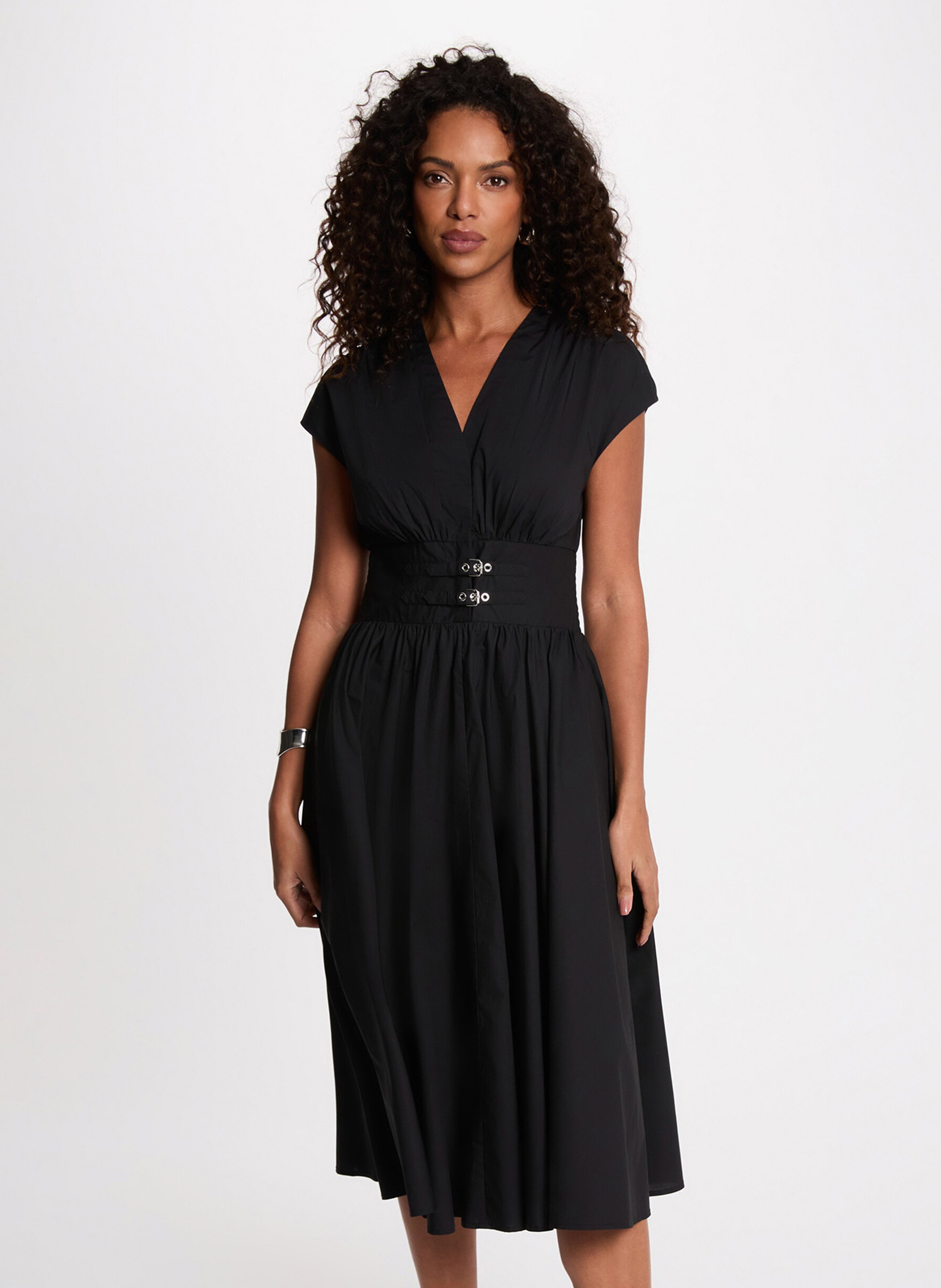 Midi jurk met V-hals en getailleerd silhouet MORGAN Zwart