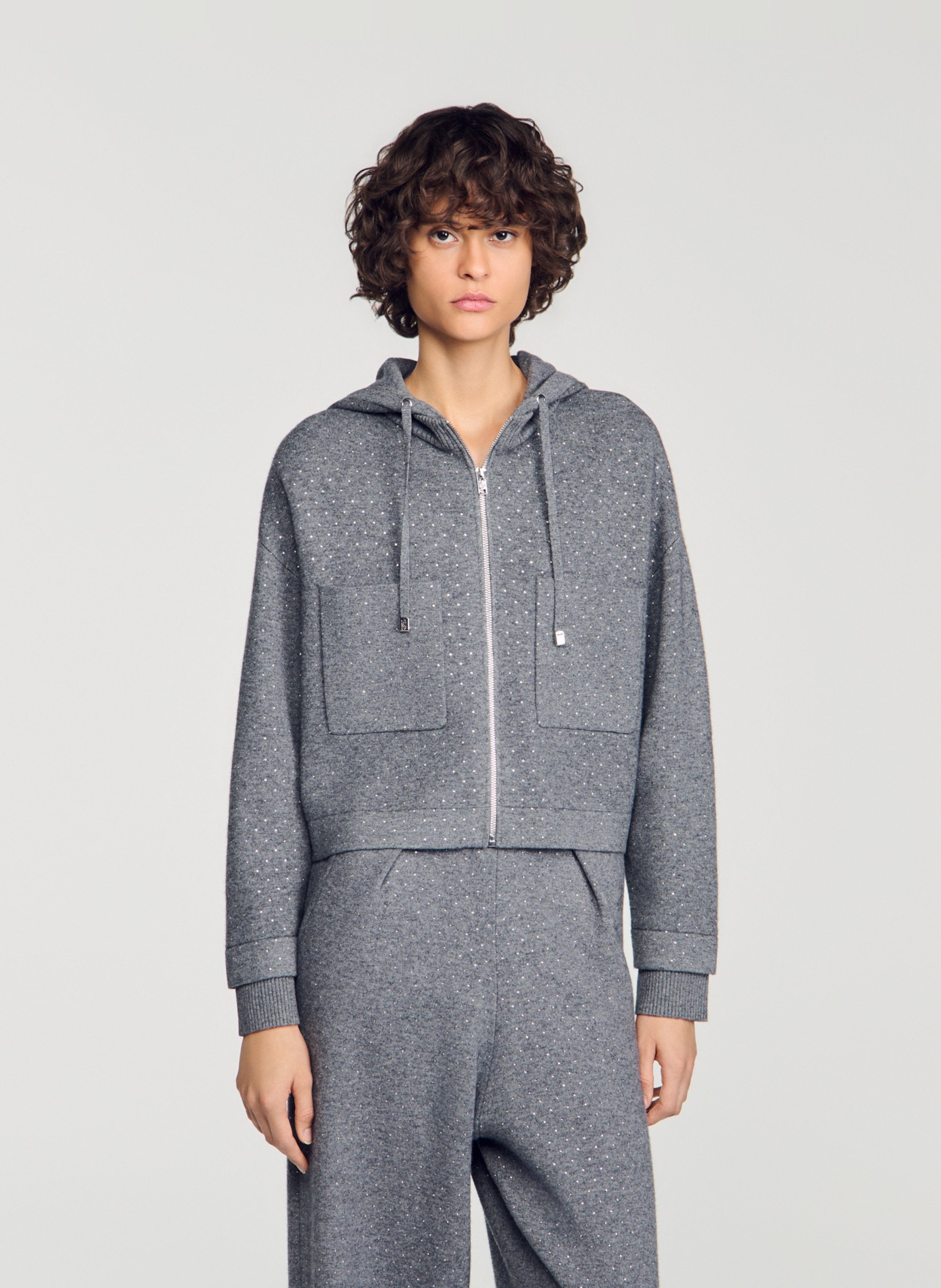 Sweat droit à strass en laine mélangée SANDRO Gris