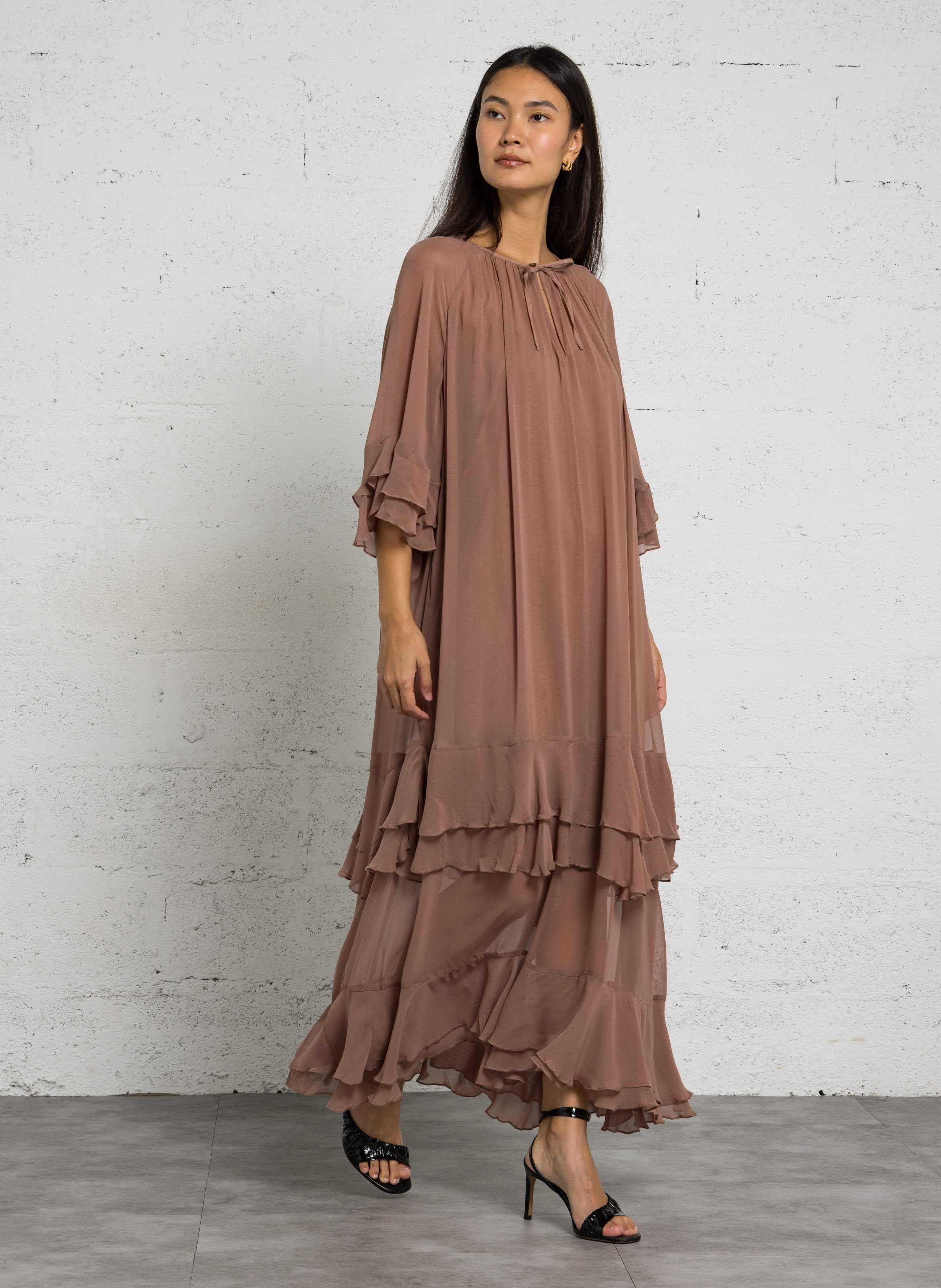 Robe ample à volants en voile IKKS Marron