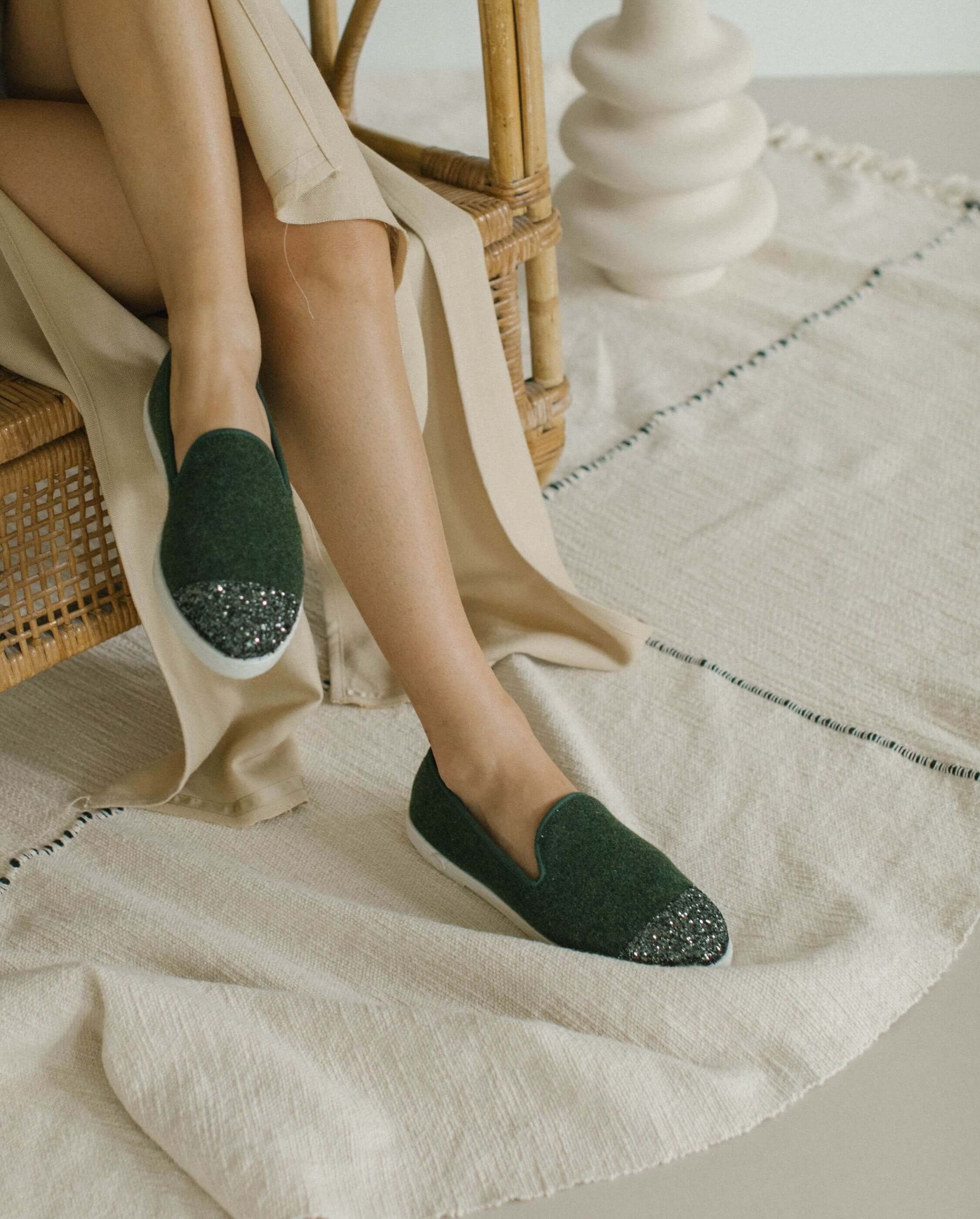 Women's wool slipper, green sequins ANGARDE Green