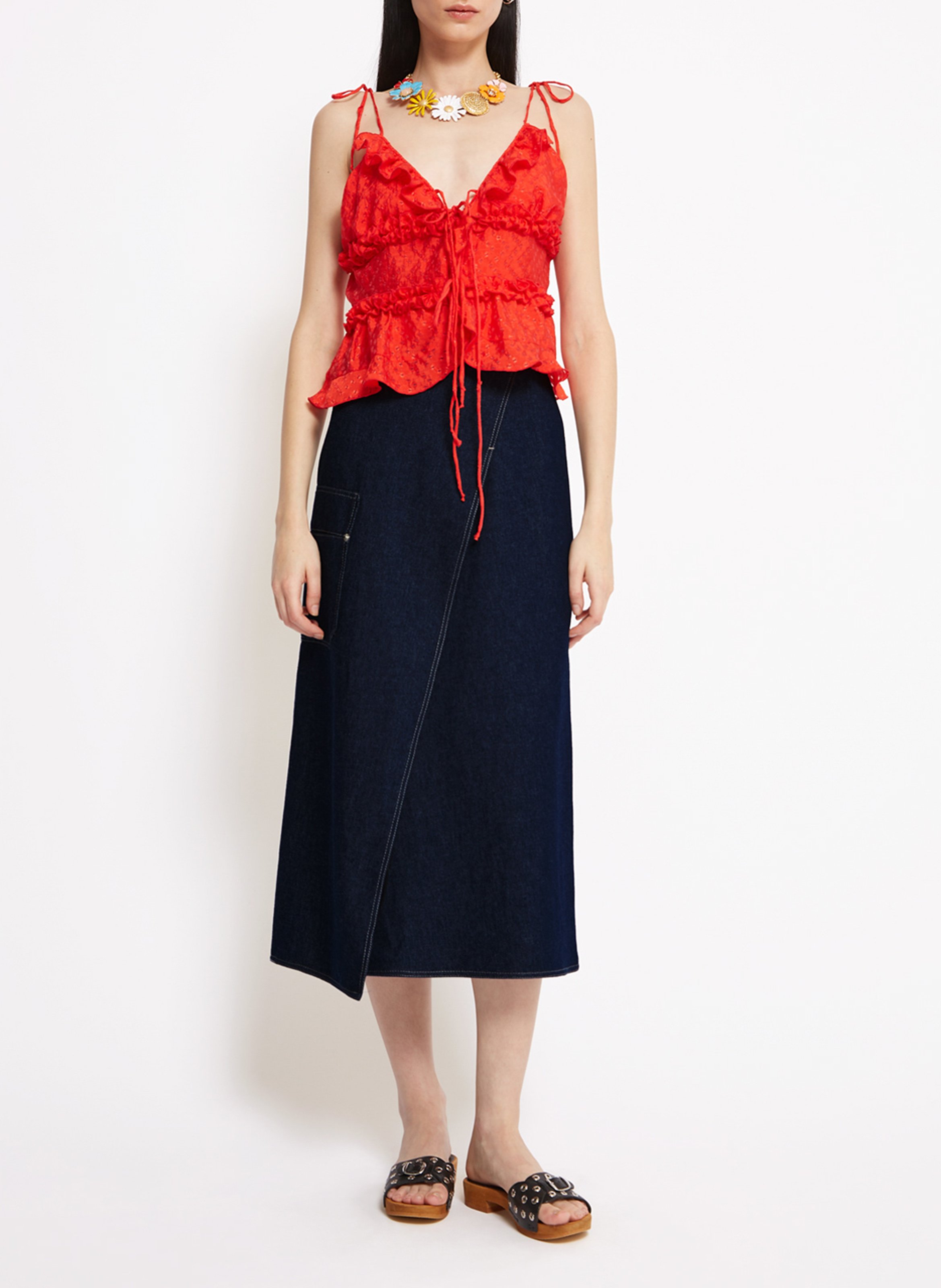 Jupe midi denim en coton ROSEANNA Bleu