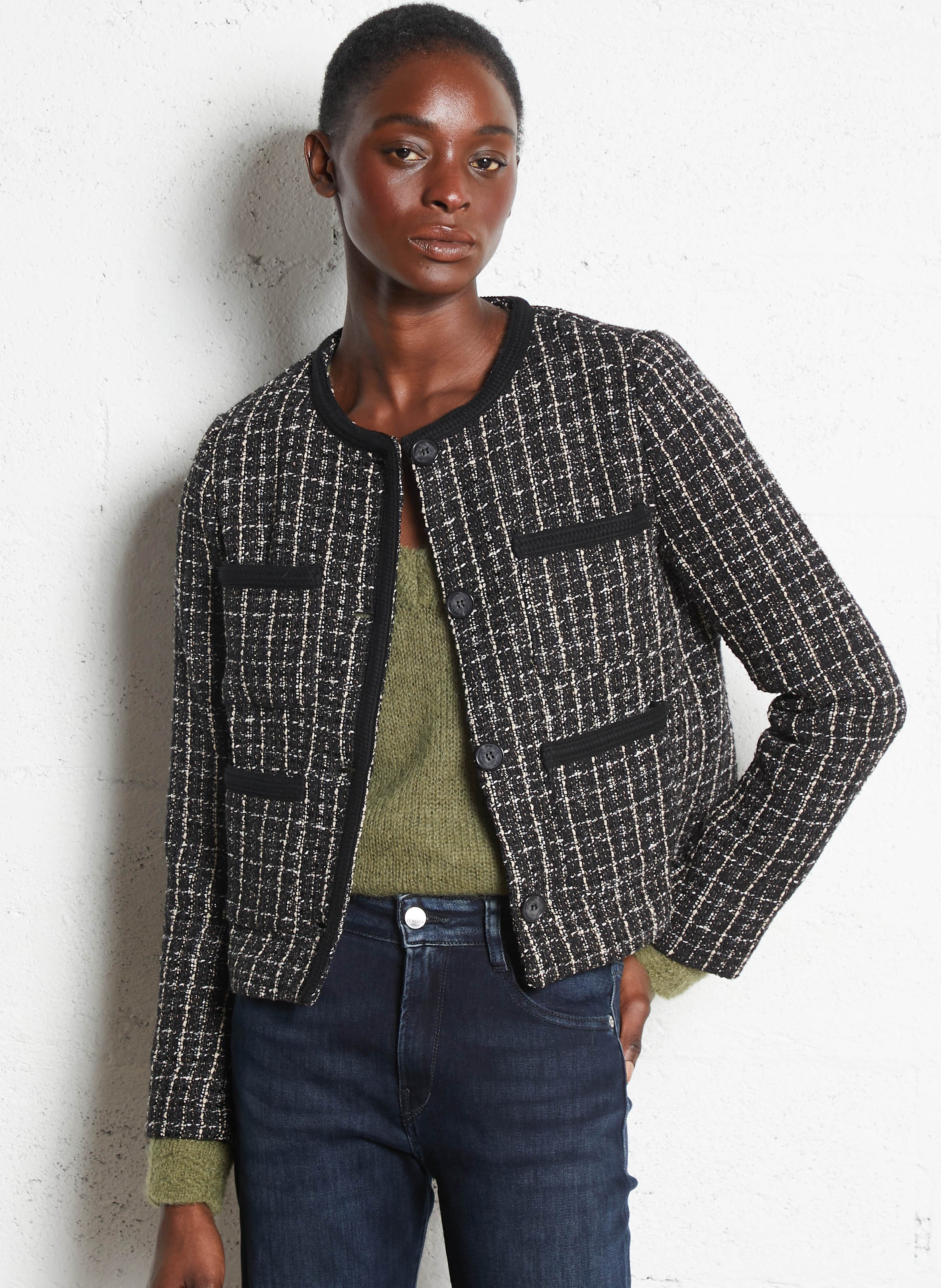 Geknöpfte Tweed-Jacke mit Rundhalsausschnitt SUD EXPRESS Schwarz