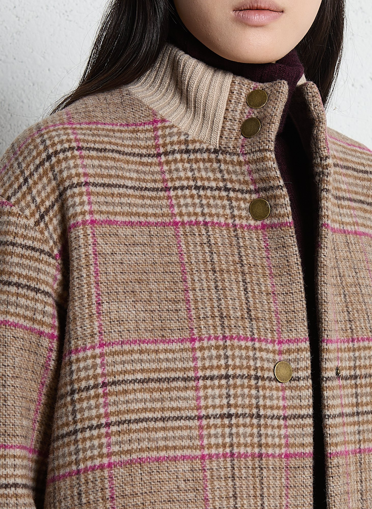 High-neck checked coat I CODE Brown