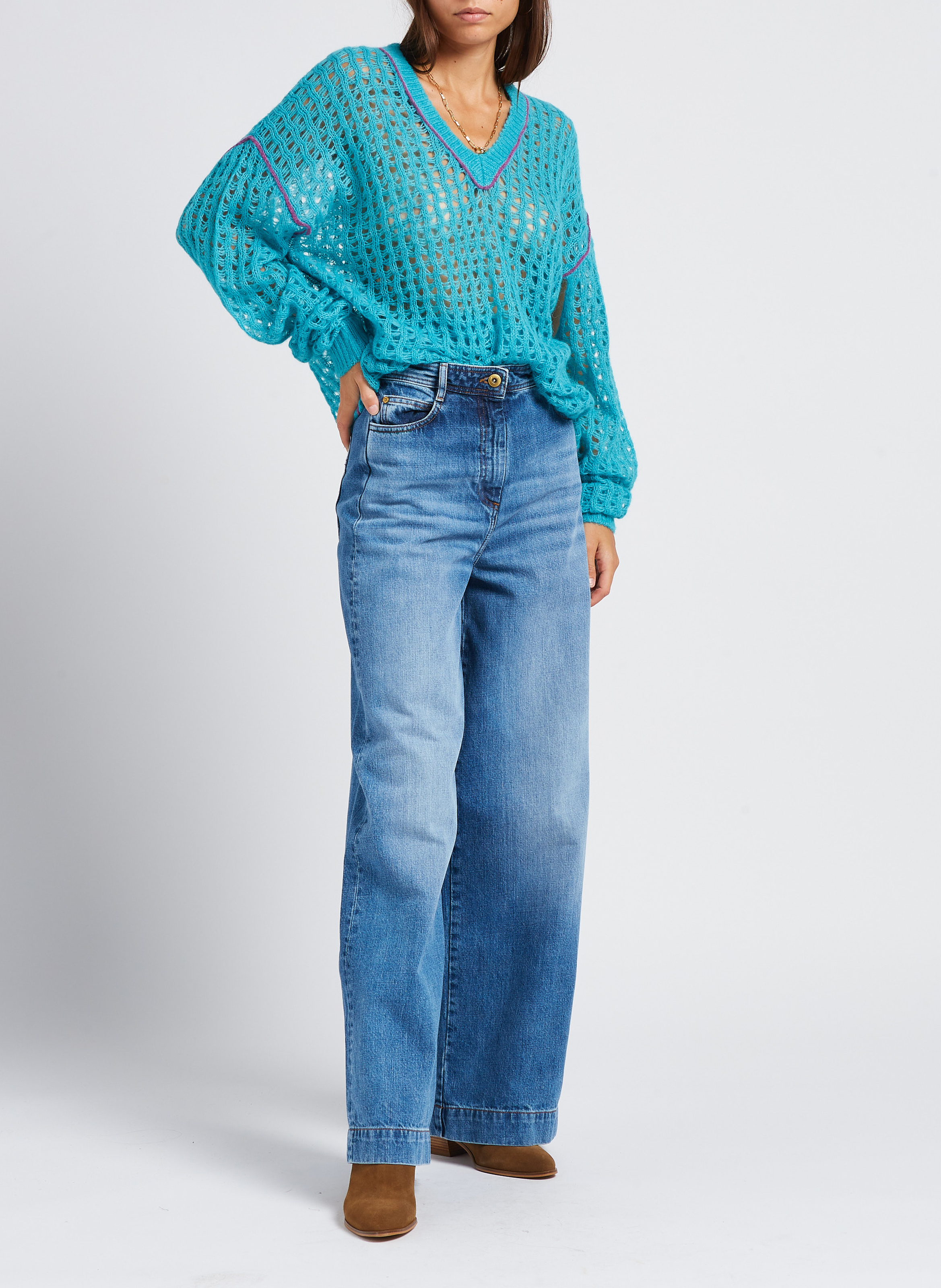 V-neck sweater in mesh MES DEMOISELLES Blue