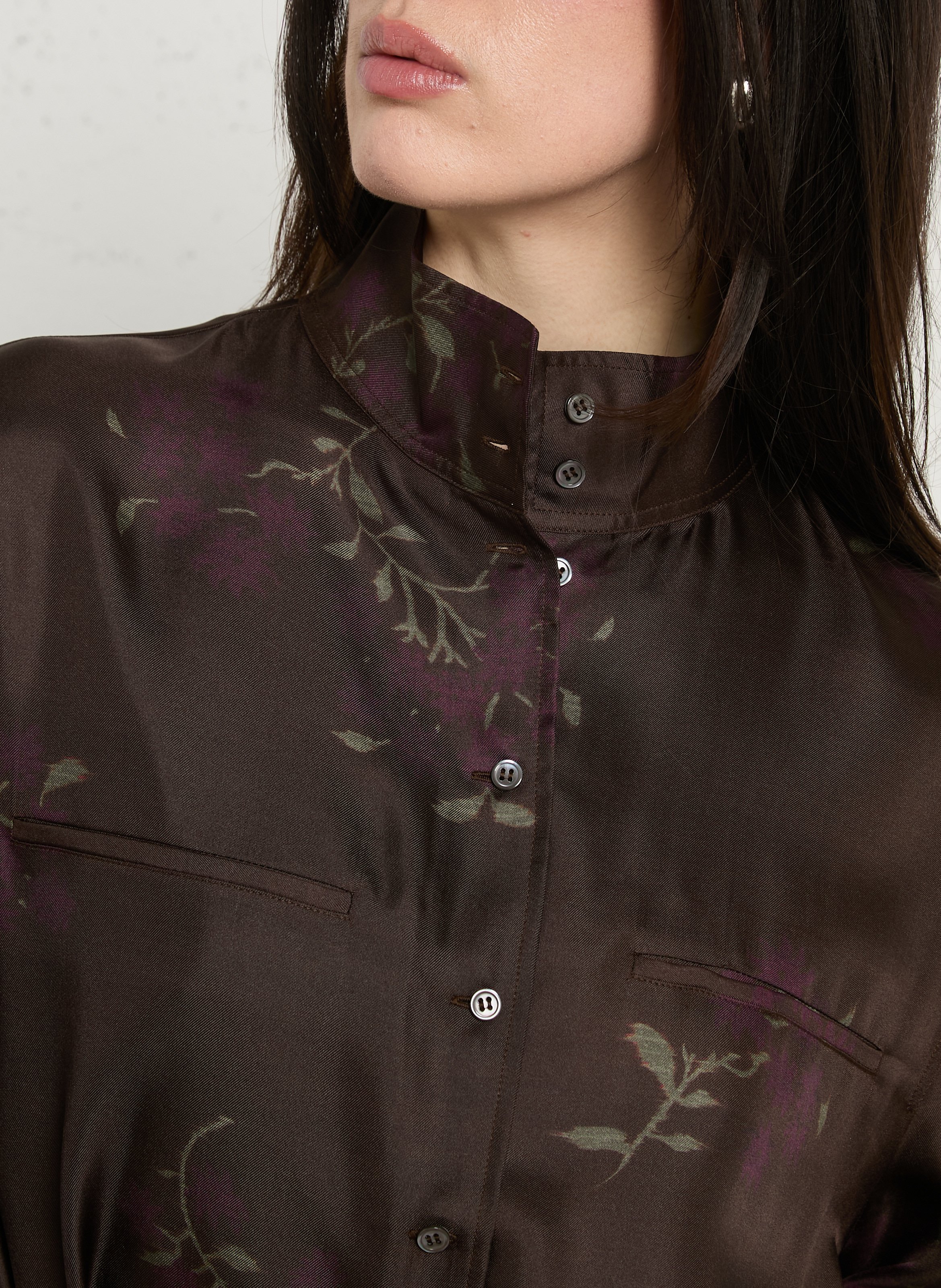 Robe midi col mao en soie SOEUR Marron